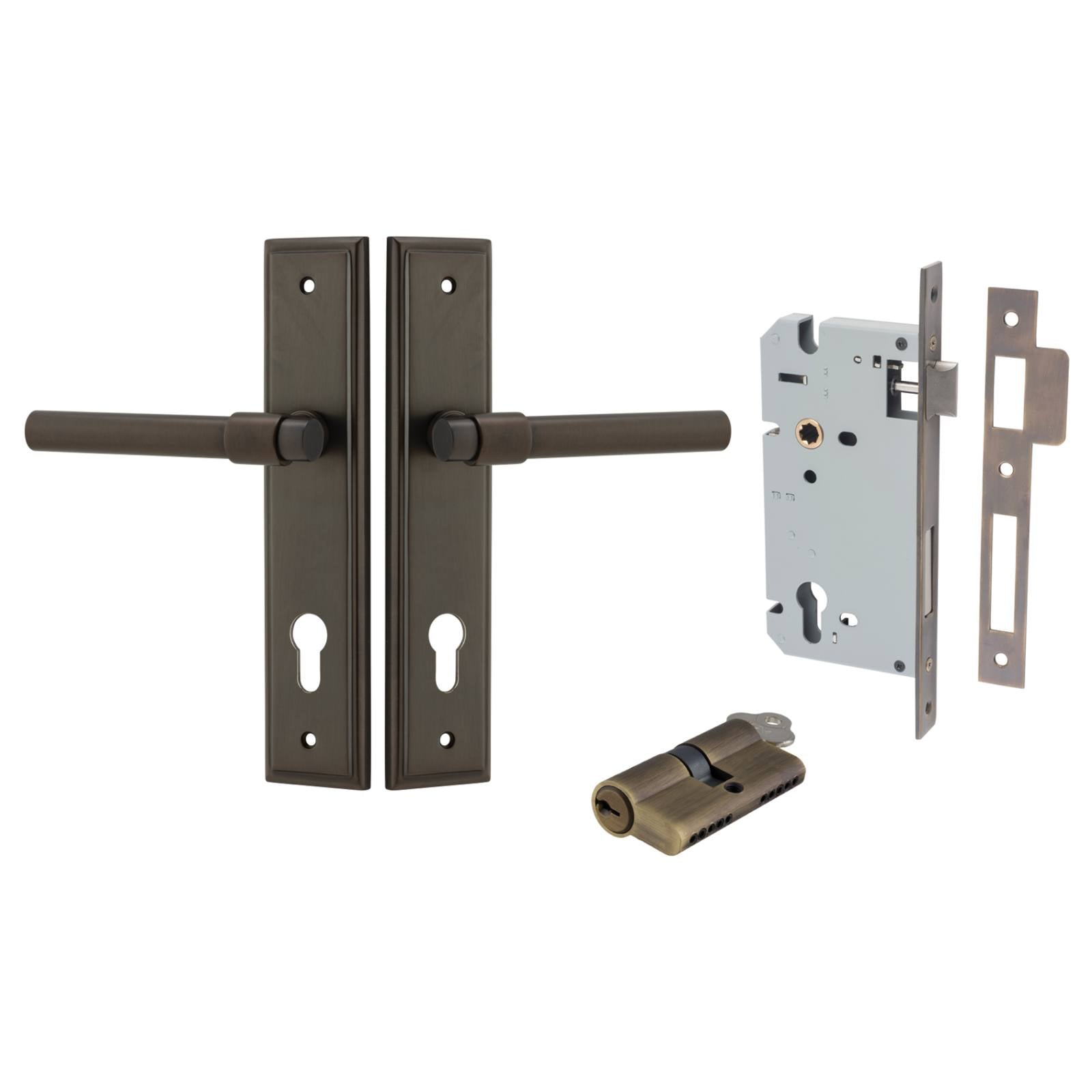 Helsinki Lever Stepped Backplate Entrance Kit w High Security Lock Signature Brass