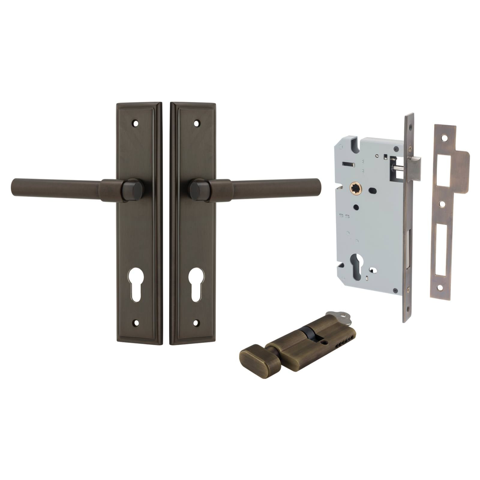 Helsinki Lever Stepped Backplate Entrance Kit w High Security Lock Signature Brass