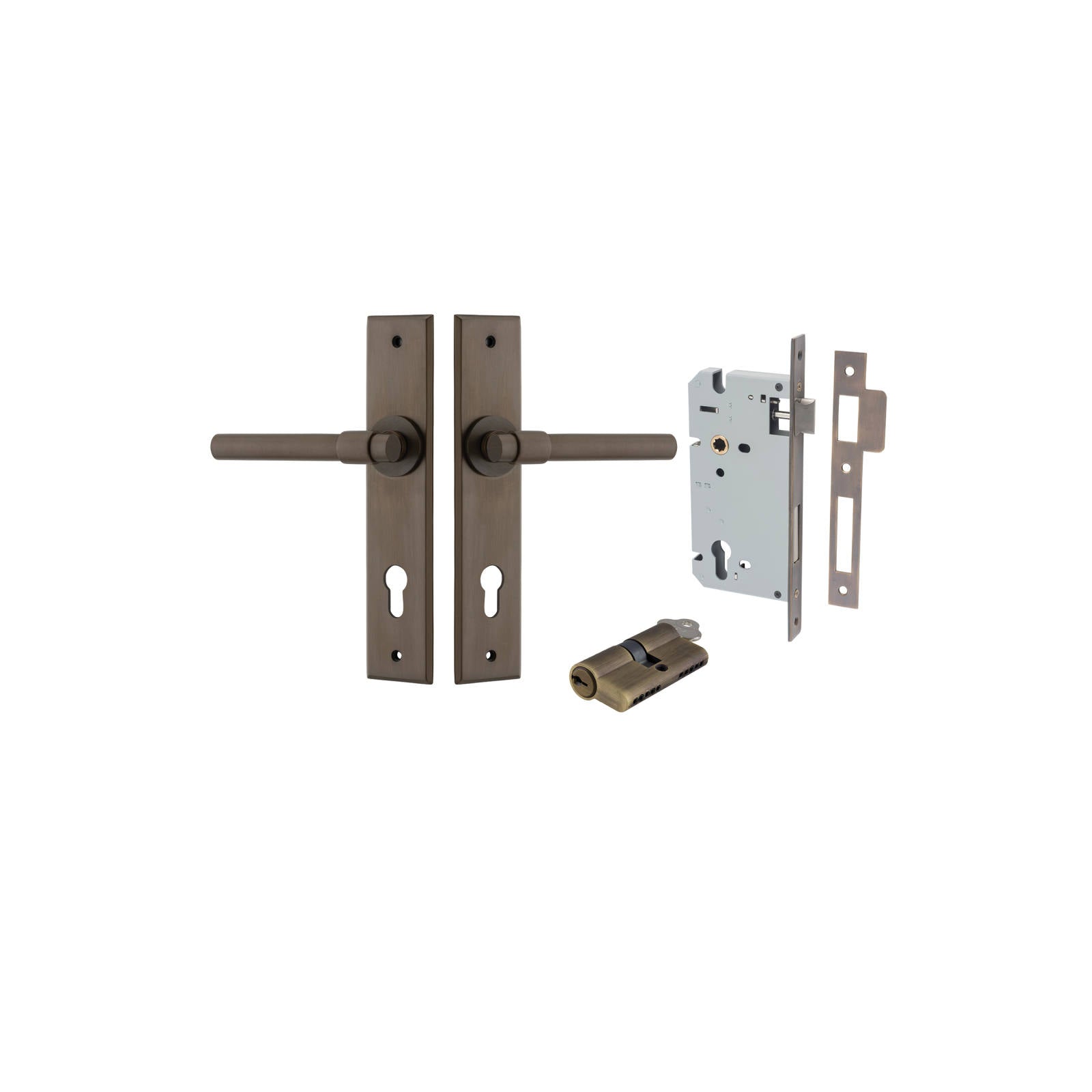Helsinki Lever Chamfered Backplate Entrance Kit w High Security Lock Signature Brass