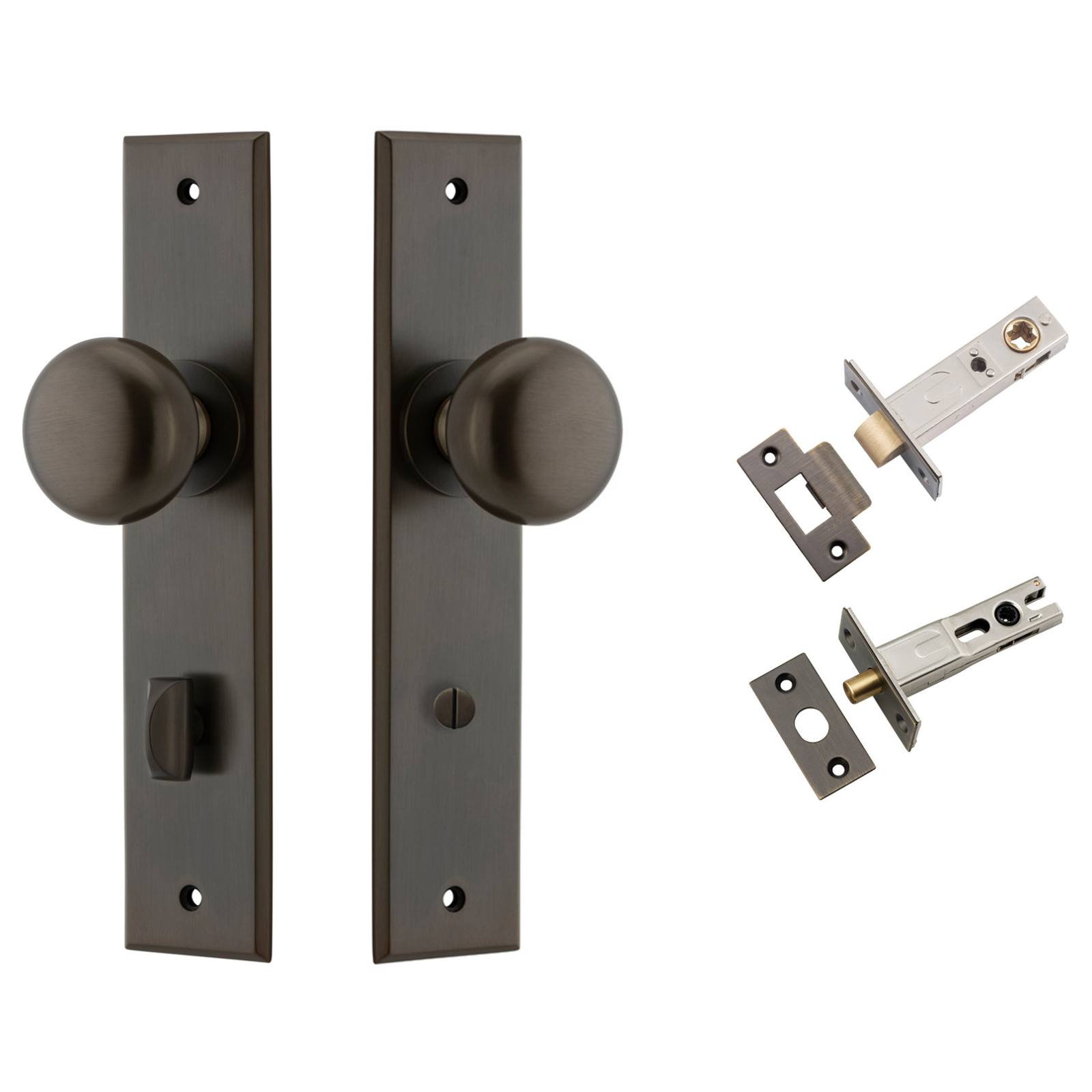 Cambridge Knob Chamfered Backplate Privacy Kit w Privacy Turn Signature Brass