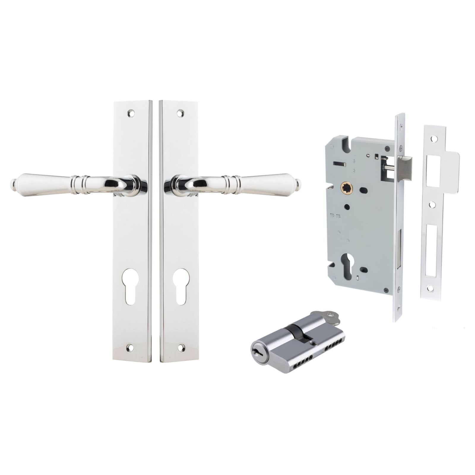 Sarlat Lever Rectangular Backplate Entrance Kit w High Security Lock Polished Chrome