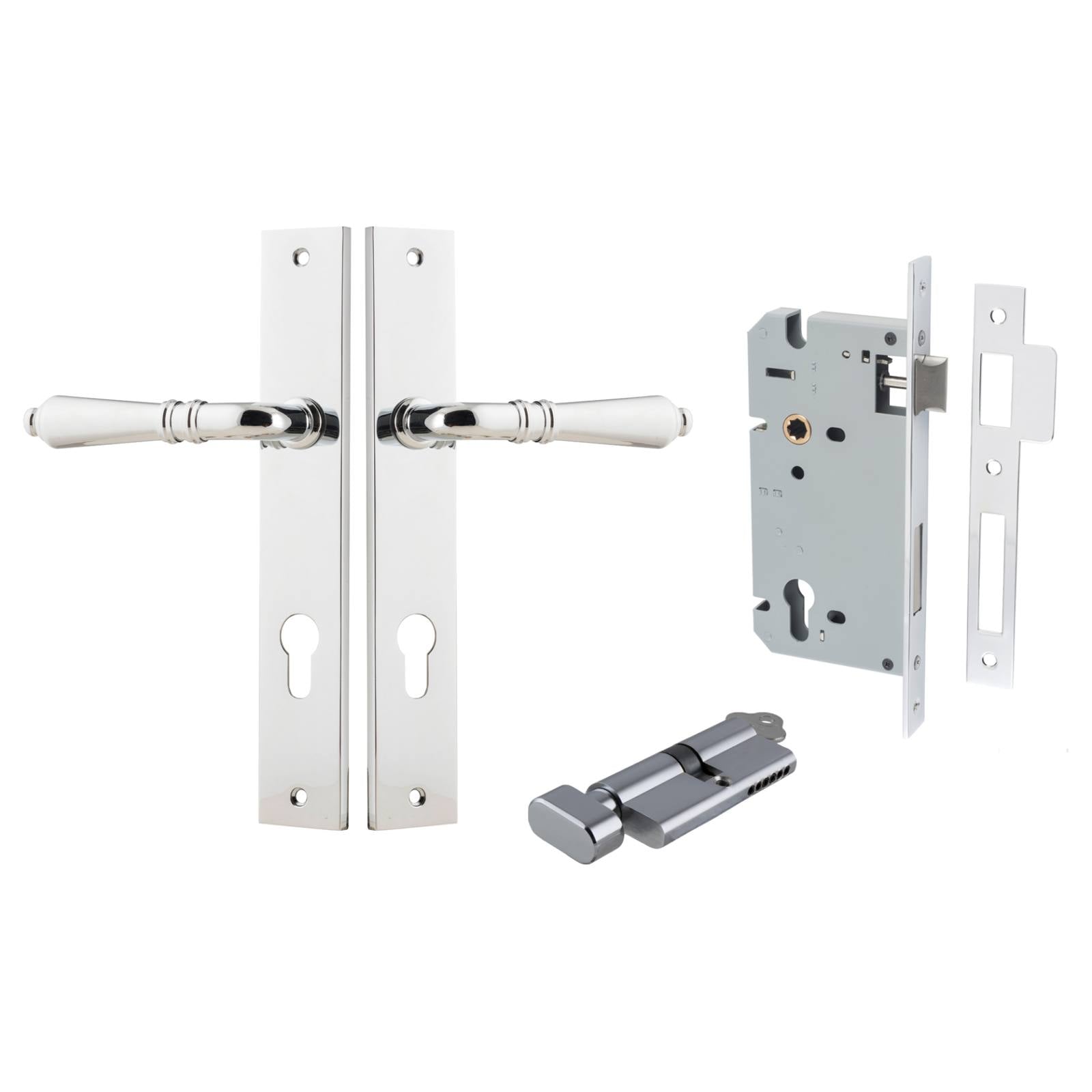Sarlat Lever Rectangular Backplate Entrance Kit w High Security Lock Polished Chrome
