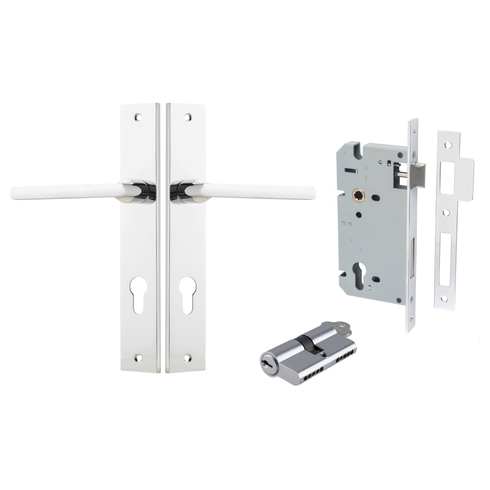 Baltimore Lever Rectangular Backplate Entrance Kit w High Security Lock Polished Chrome