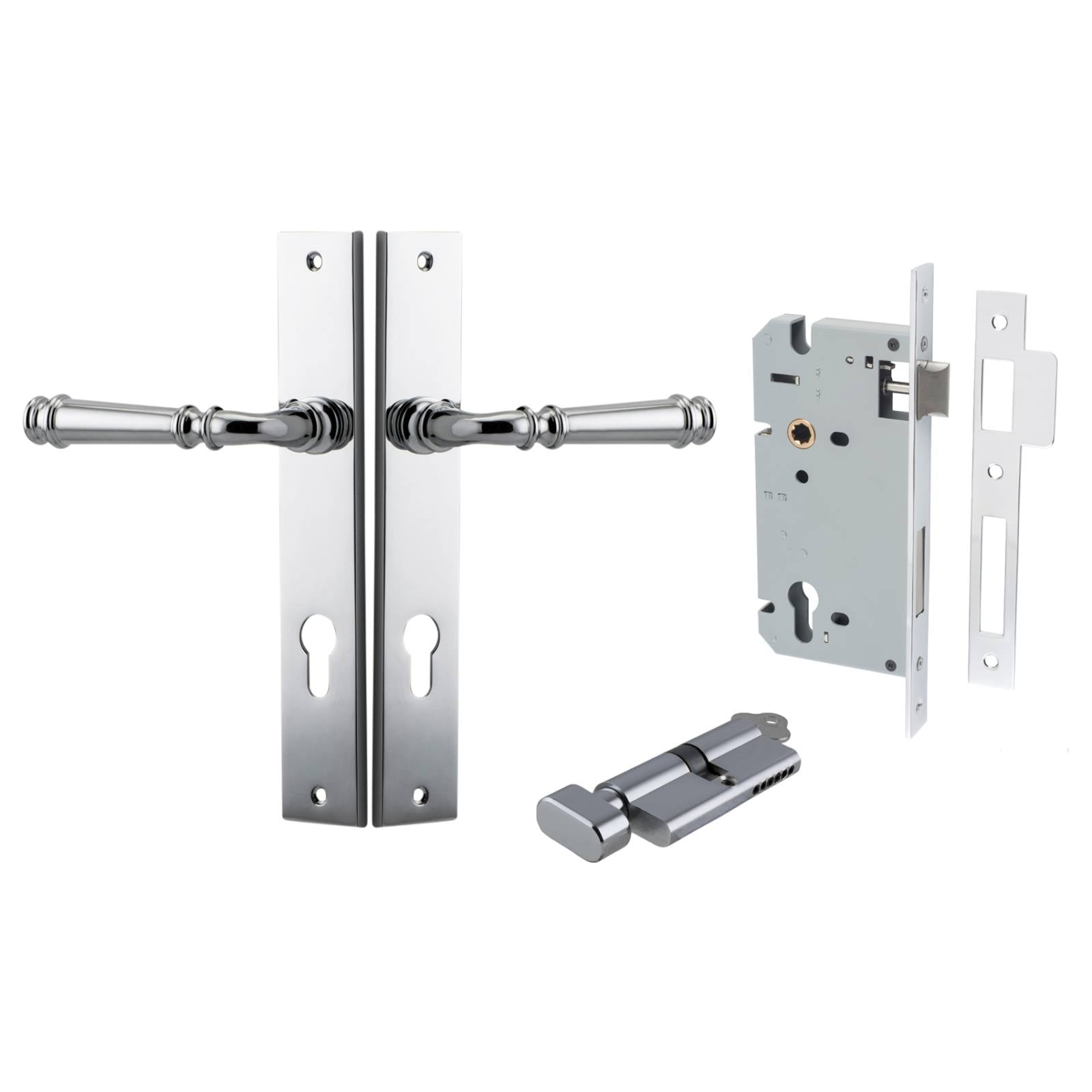 Verona Lever Rectangular Backplate Entrance Kit w High Security Lock Polished Chrome