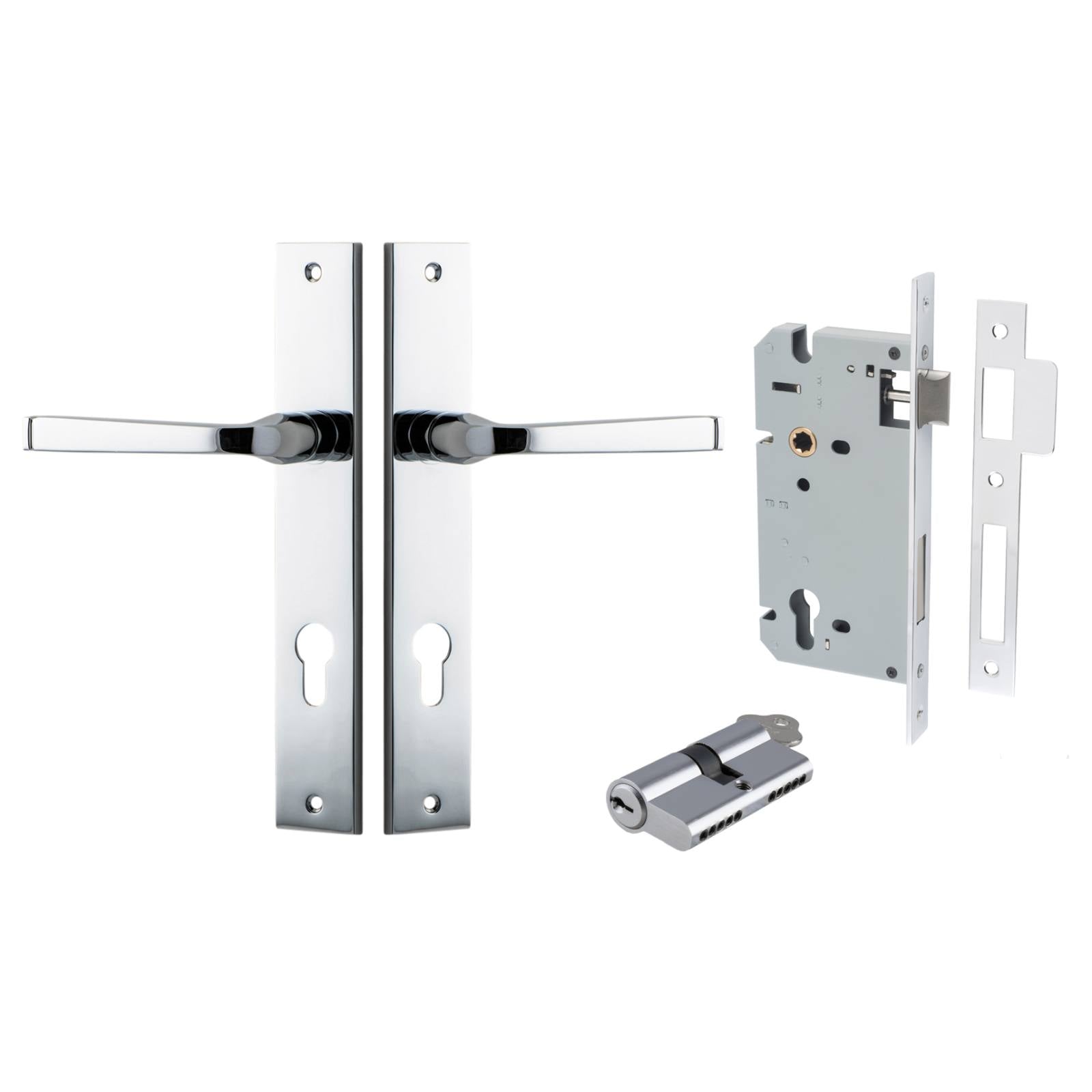 Annecy Lever Rectangular Backplate Entrance Kit w High Security Lock Polished Chrome