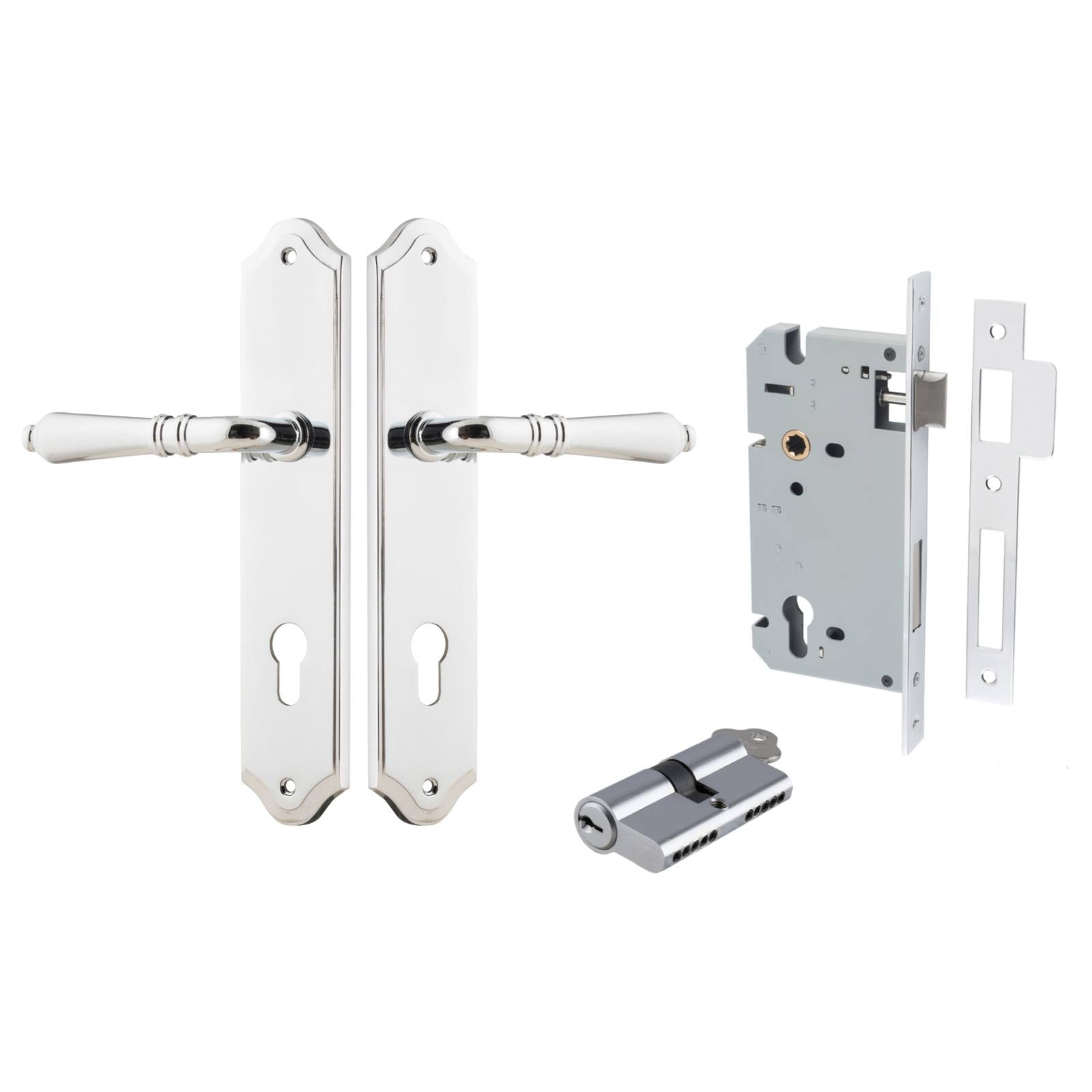 Sarlat Lever Shouldered Backplate Entrance Kit w High Security Lock Polished Chrome