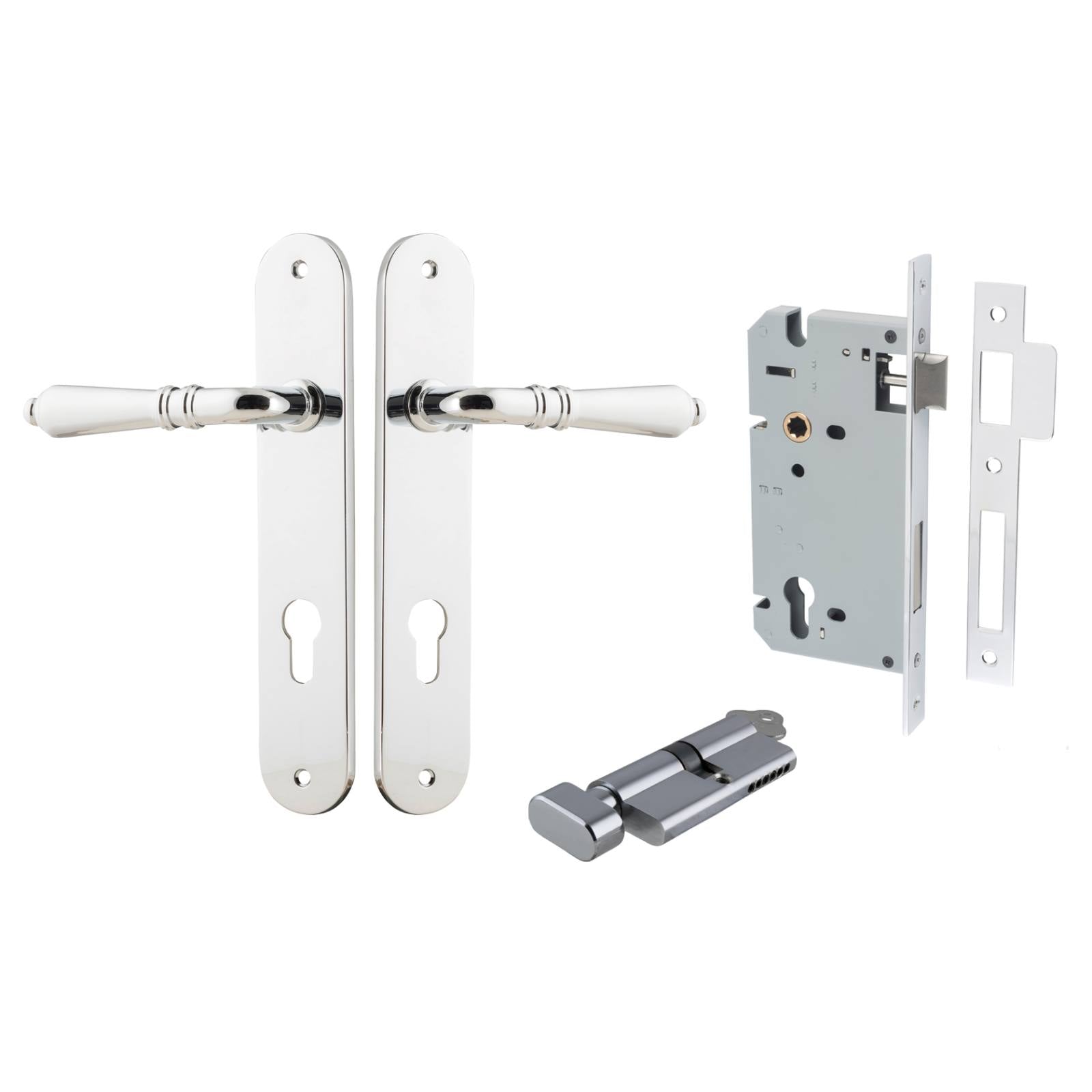 Sarlat Lever Oval Backplate Entrance Kit w High Security Lock Polished Chrome