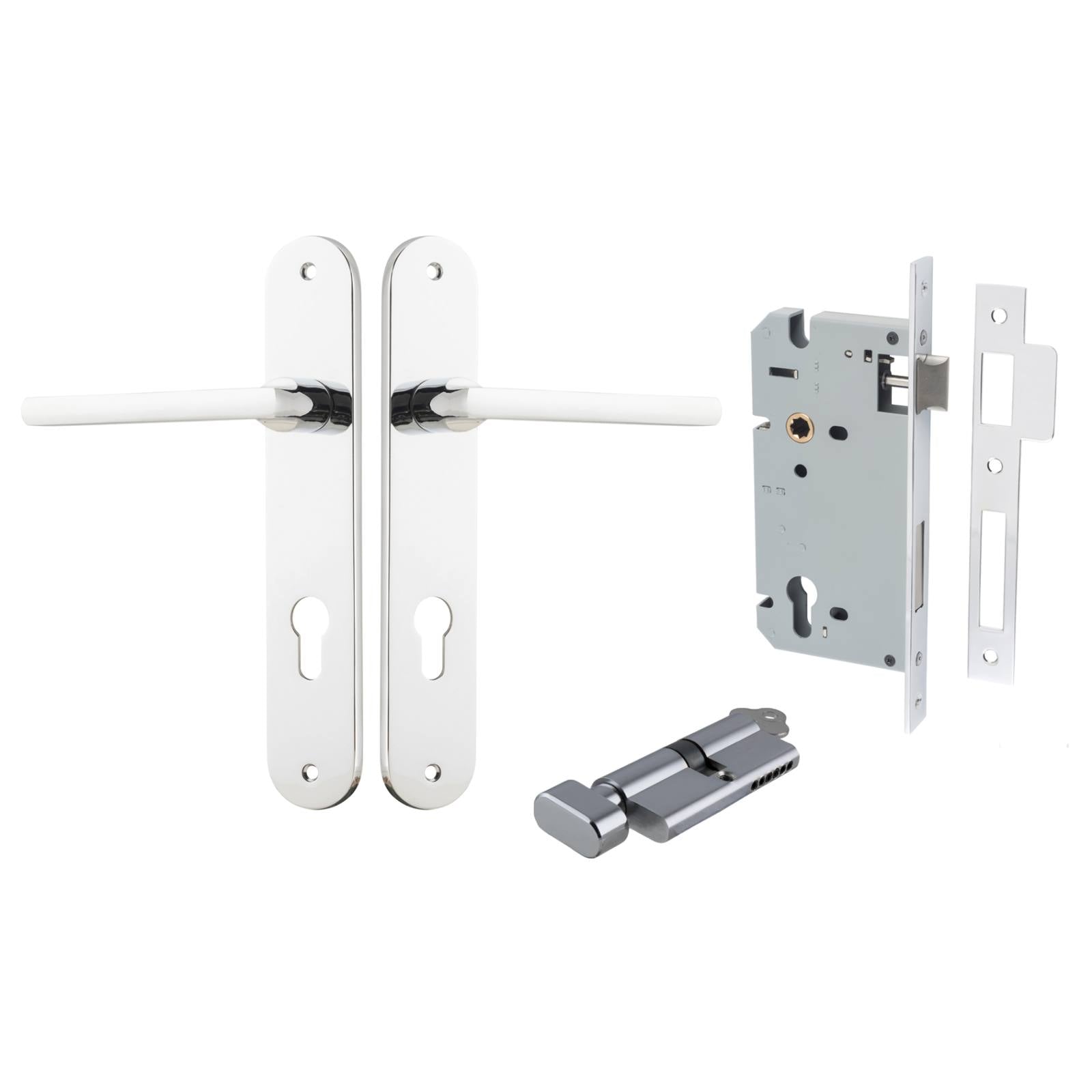 Baltimore Lever Oval Backplate Entrance Kit w High Security Lock Polished Chrome