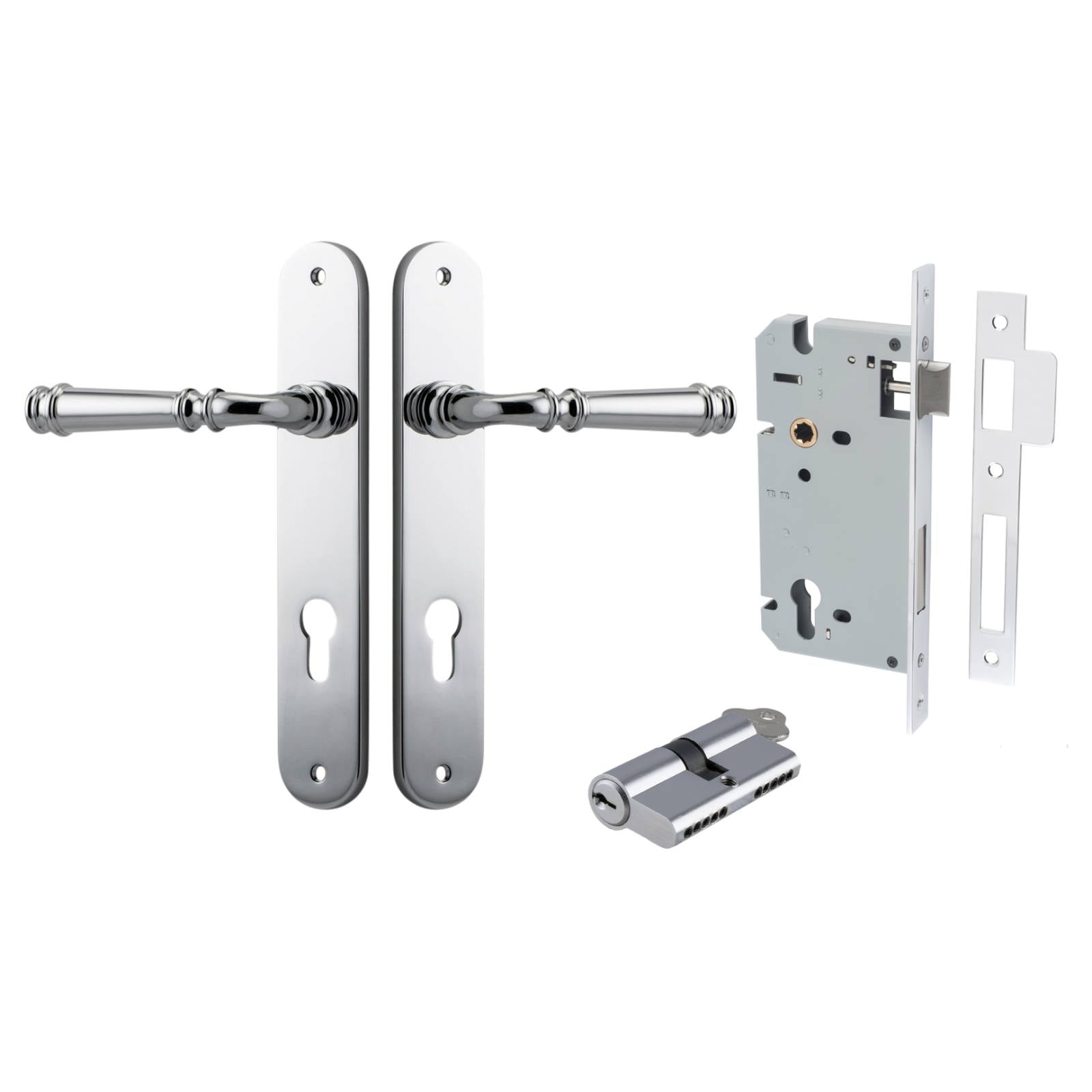 Verona Lever Oval Backplate Entrance Kit w High Security Lock Polished Chrome