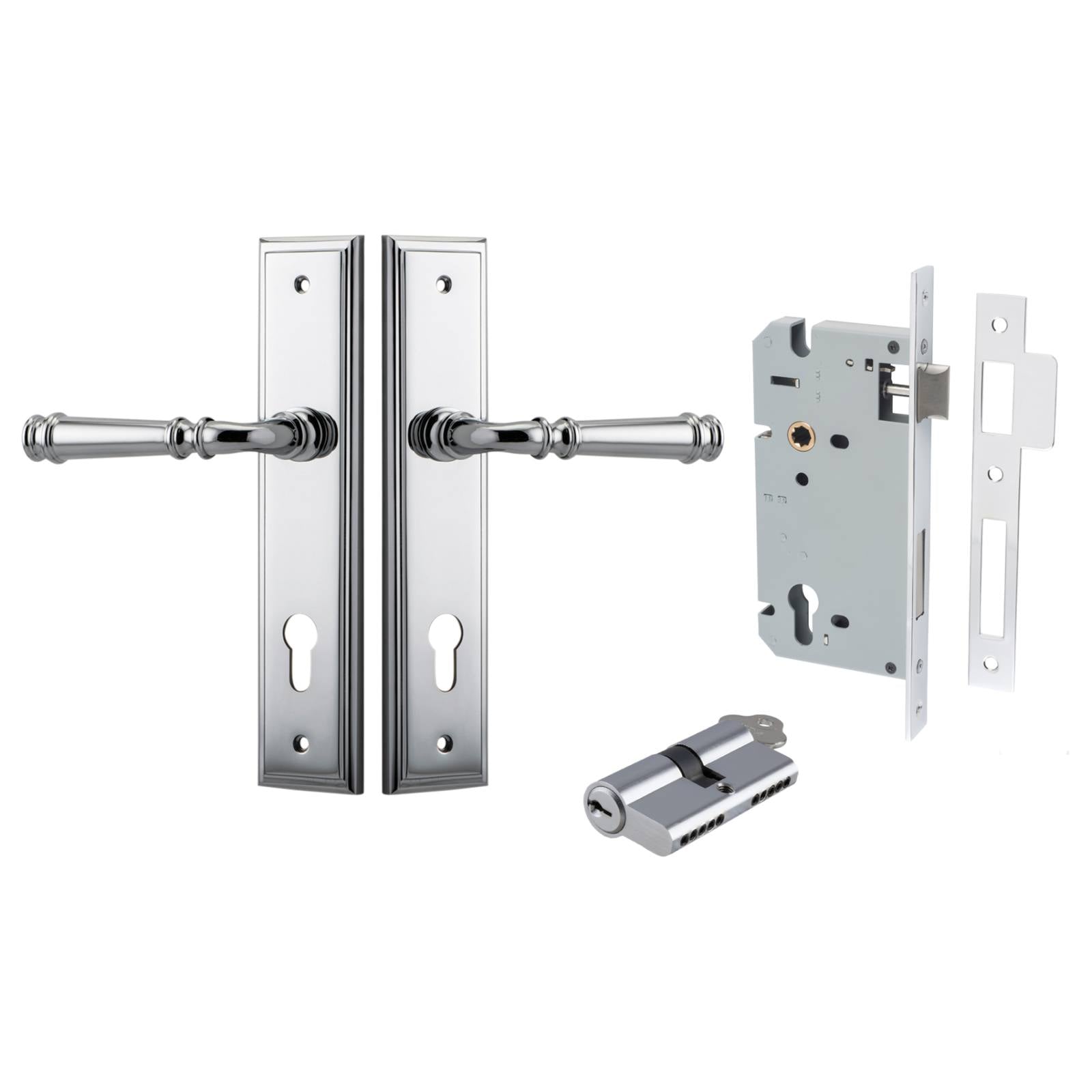 Verona Lever Stepped Backplate Entrance Kit w High Security Lock Polished Chrome