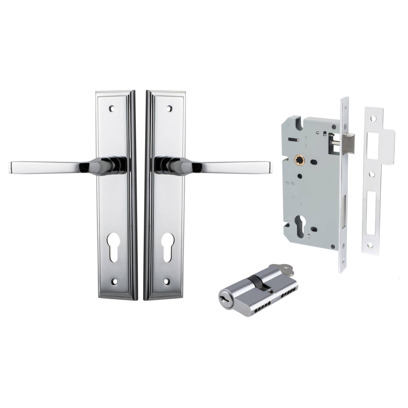 Annecy Lever Stepped Backplate Entrance Kit w High Security Lock Polished Chrome
