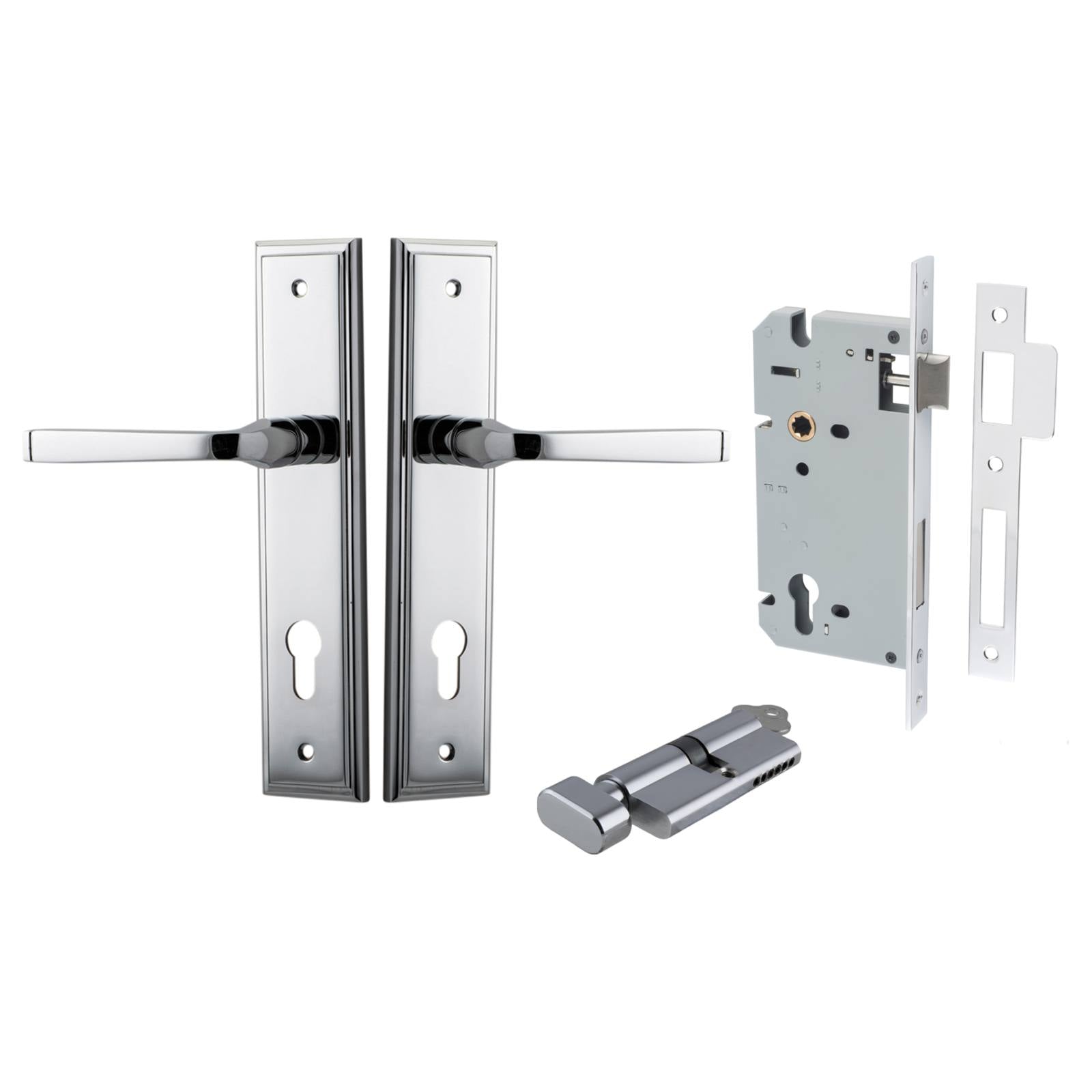 Annecy Lever Stepped Backplate Entrance Kit w High Security Lock Polished Chrome