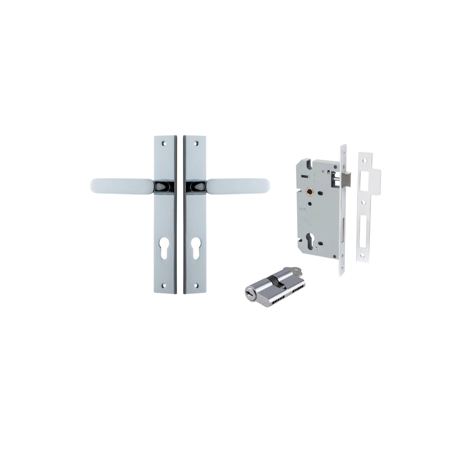 Bronte Lever Rectangular Backplate Entrance Kit w High Security Lock Polished Chrome