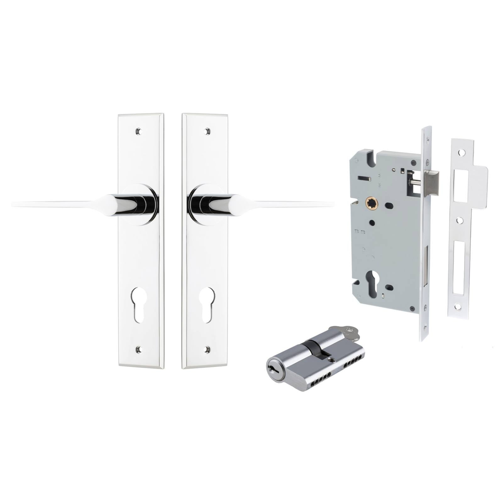 Como Lever Chamfered Backplate Entrance Kit w High Security Lock Polished Chrome