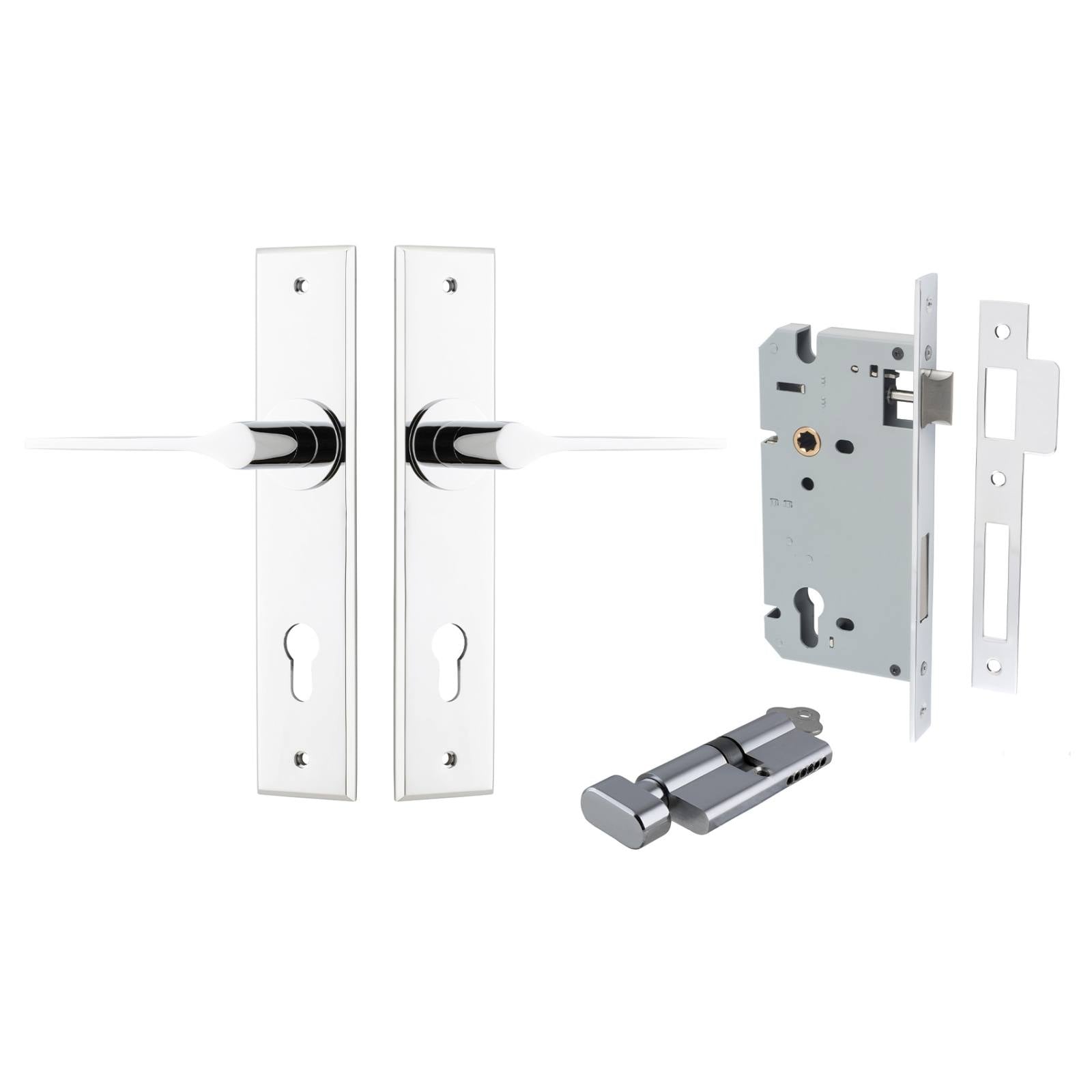 Como Lever Chamfered Backplate Entrance Kit w High Security Lock Polished Chrome