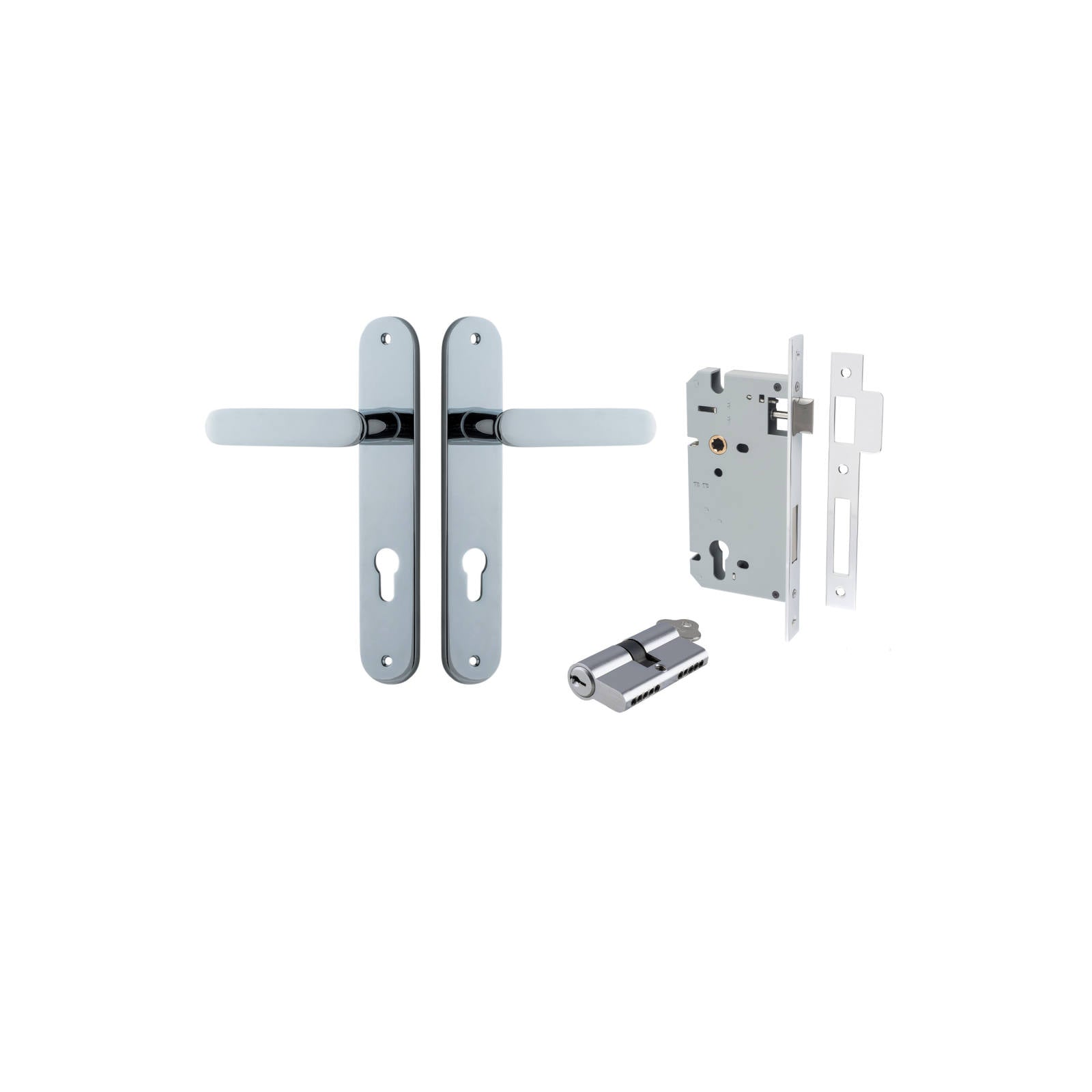 Bronte Lever Oval Backplate Entrance Kit w High Security Lock Polished Chrome