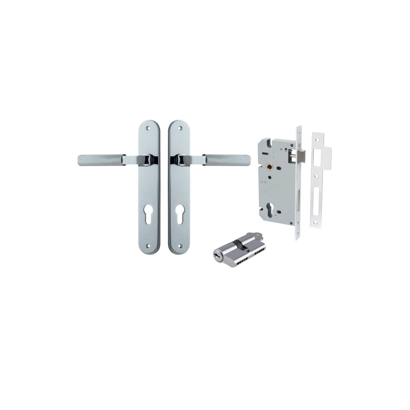 Brunswick Lever Oval Backplate Entrance Kit w High Security Lock Polished Chrome