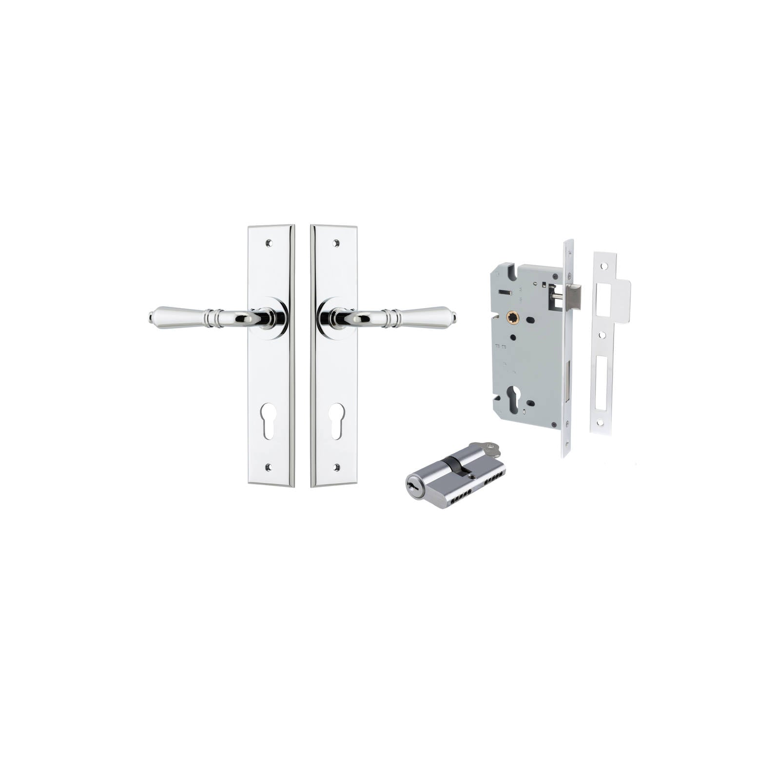 Sarlat Lever Chamfered Backplate Entrance Kit w High Security Lock Polished Chrome