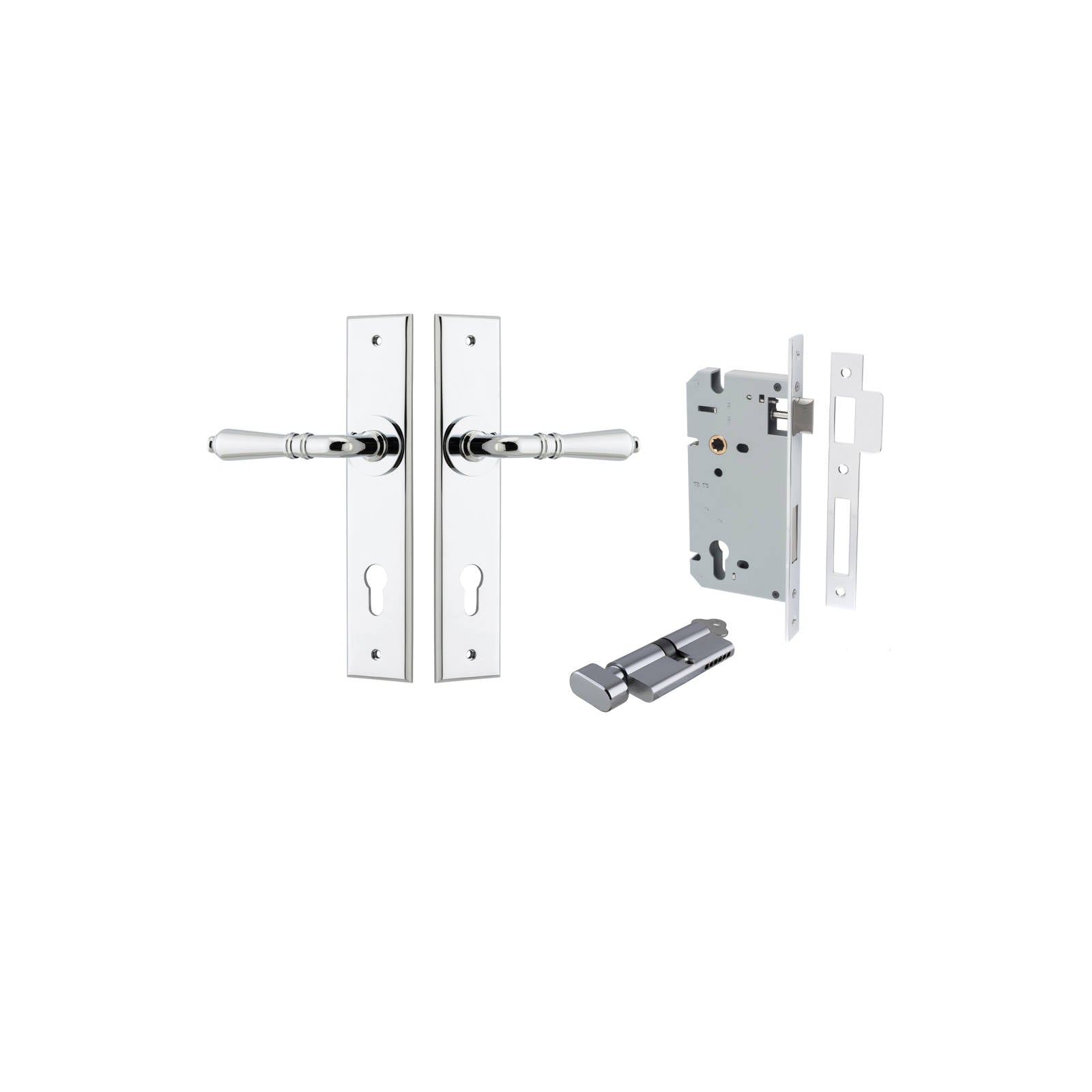 Sarlat Lever Chamfered Backplate Entrance Kit w High Security Lock Polished Chrome