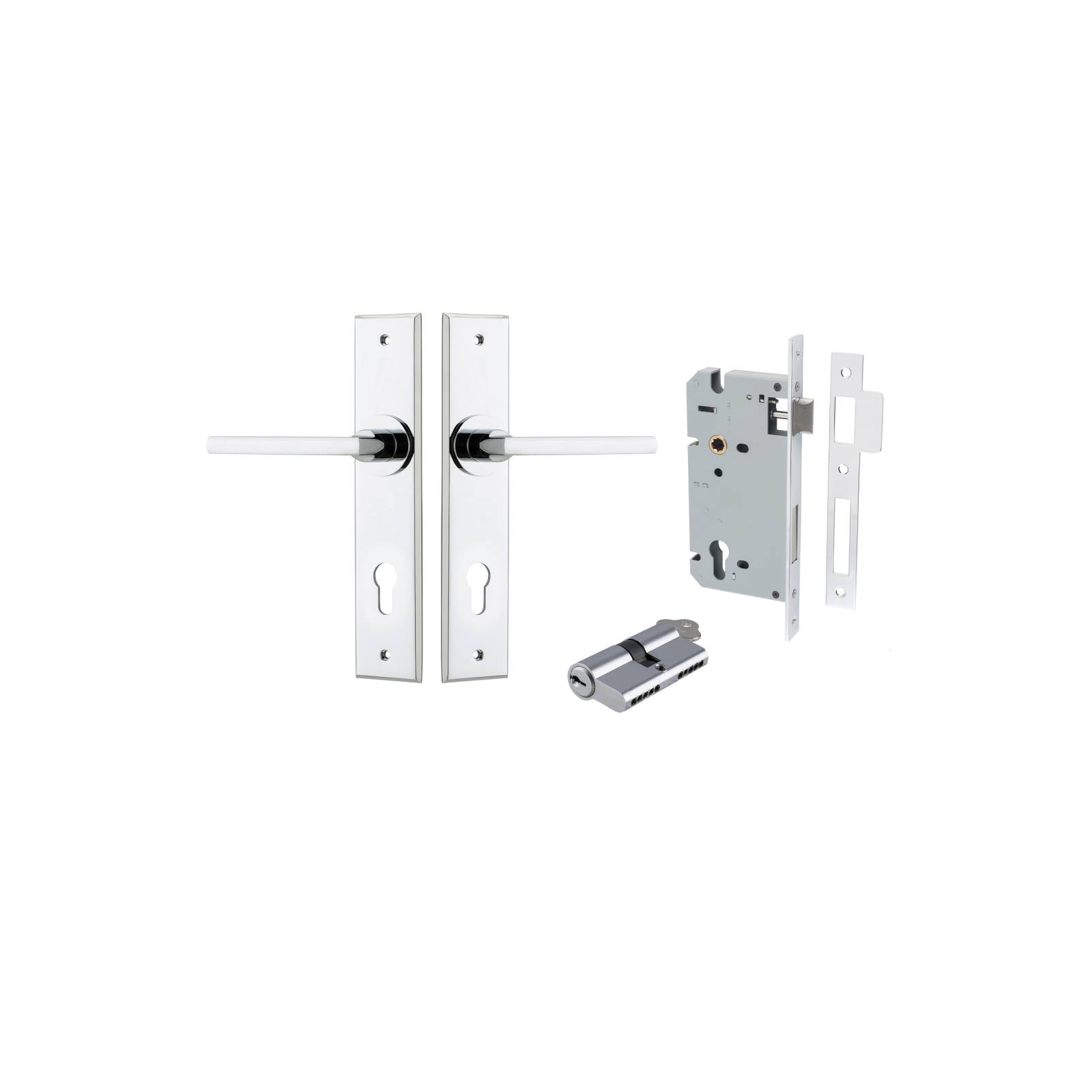 Baltimore Lever Chamfered Backplate Entrance Kit w High Security Lock Polished Chrome