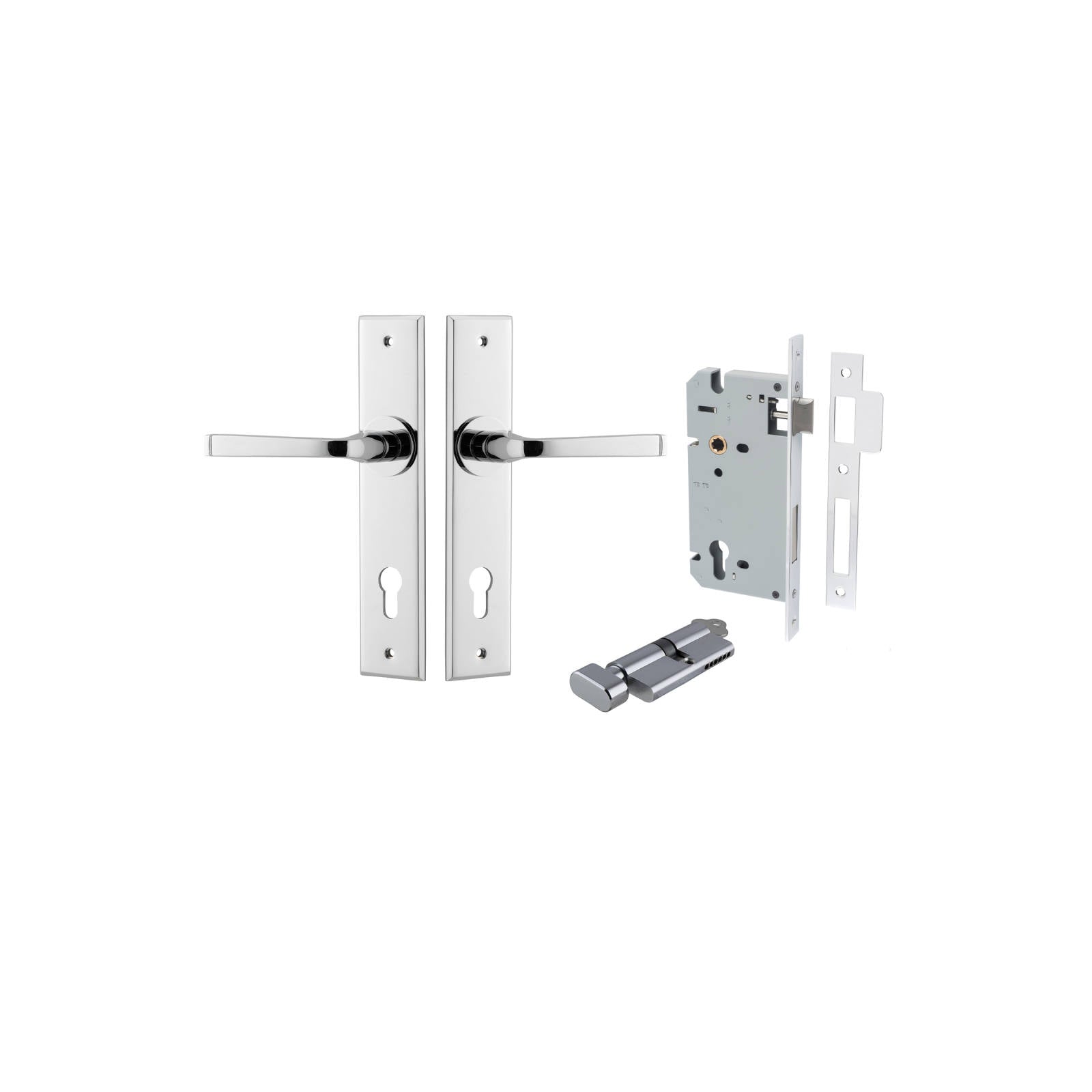 Annecy Lever Chamfered Backplate Entrance Kit w High Security Lock Polished Chrome