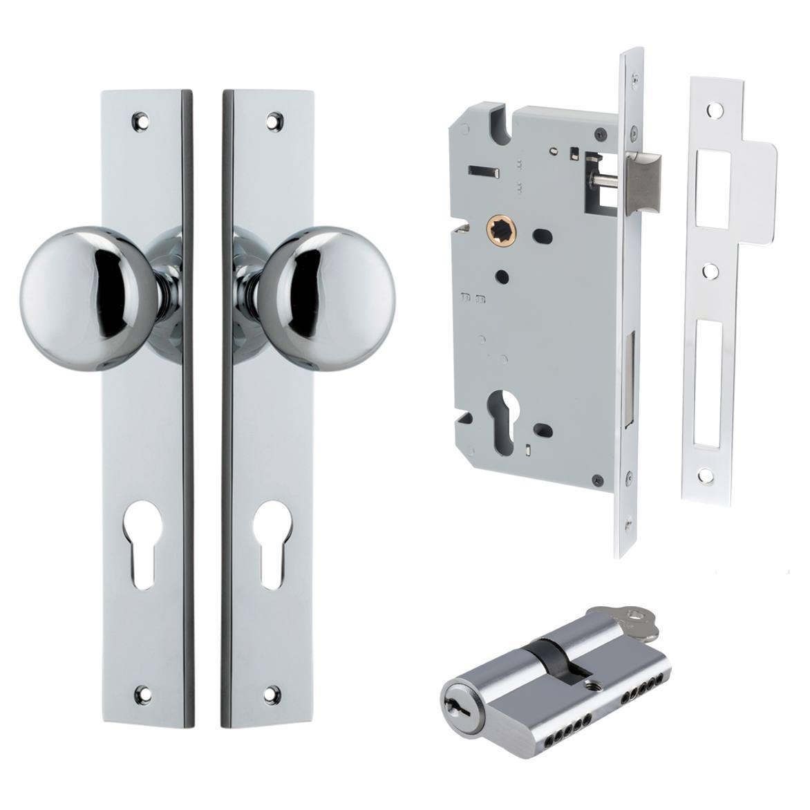 Cambridge Knob Rectangular Backplate Entrance Kit w High Security Lock Polished Chrome