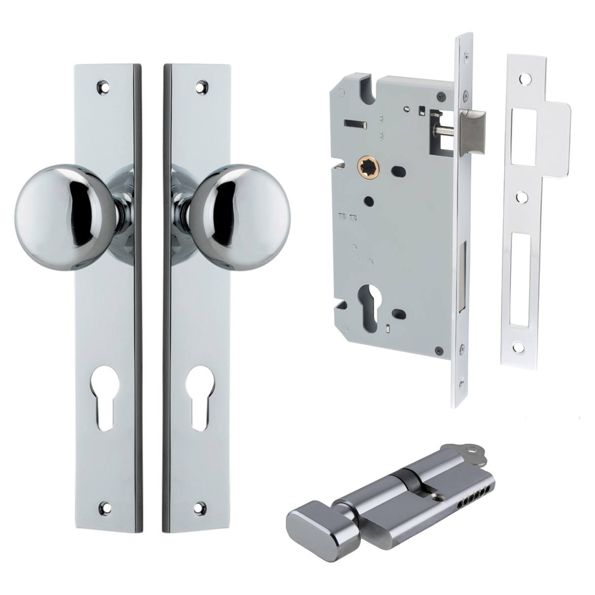 Cambridge Knob Rectangular Backplate Entrance Kit w High Security Lock Polished Chrome
