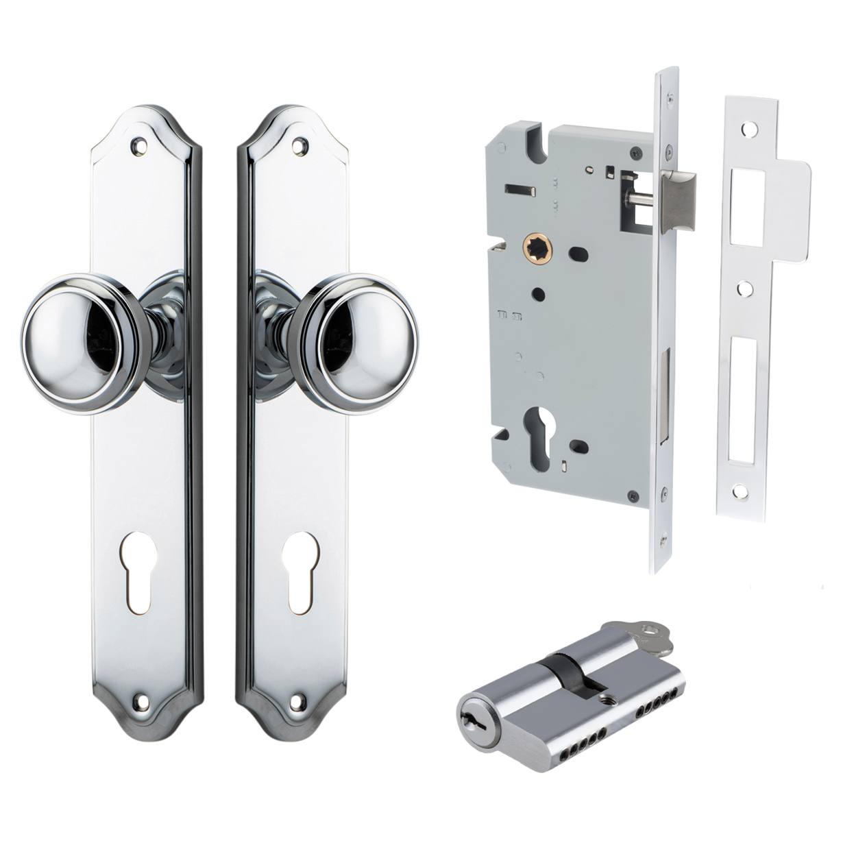 Paddington Knob Shouldered Backplate Entrance Kit w High Security Lock Polished Chrome