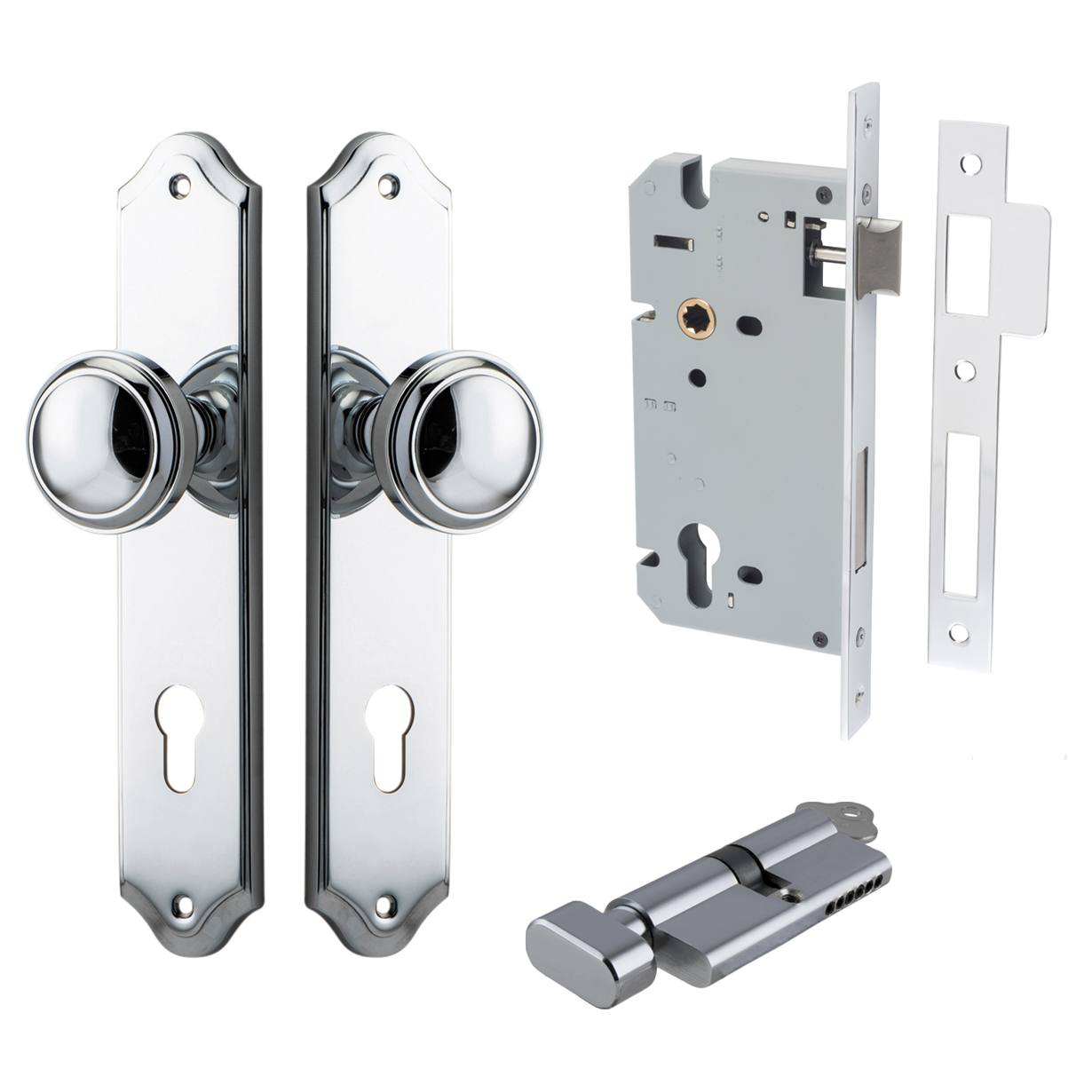Paddington Knob Shouldered Backplate Entrance Kit w High Security Lock Polished Chrome