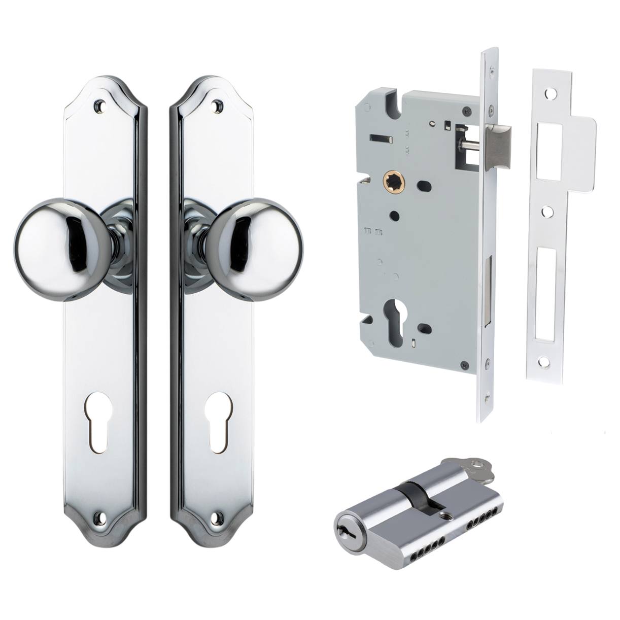 Cambridge Knob Shouldered Backplate Entrance Kit w High Security Lock Polished Chrome