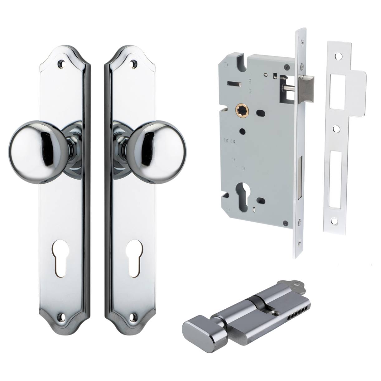 Cambridge Knob Shouldered Backplate Entrance Kit w High Security Lock Polished Chrome