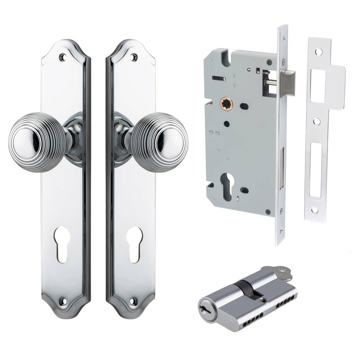 Guildford Knob Shouldered Backplate Entrance Kit w High Security Lock Polished Chrome