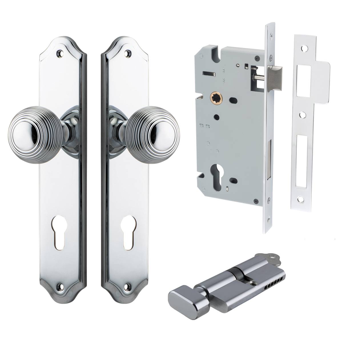 Guildford Knob Shouldered Backplate Entrance Kit w High Security Lock Polished Chrome