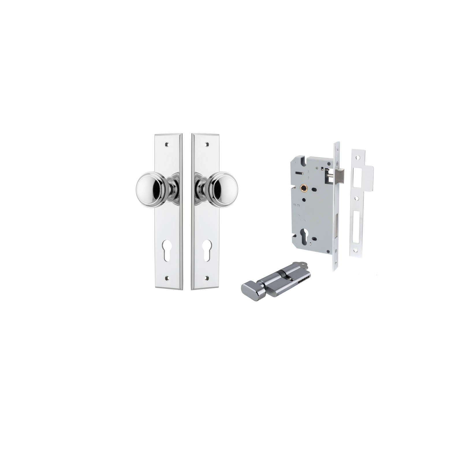 Paddington Knob Chamfered Backplate Entrance Kit w High Security Lock Polished Chrome