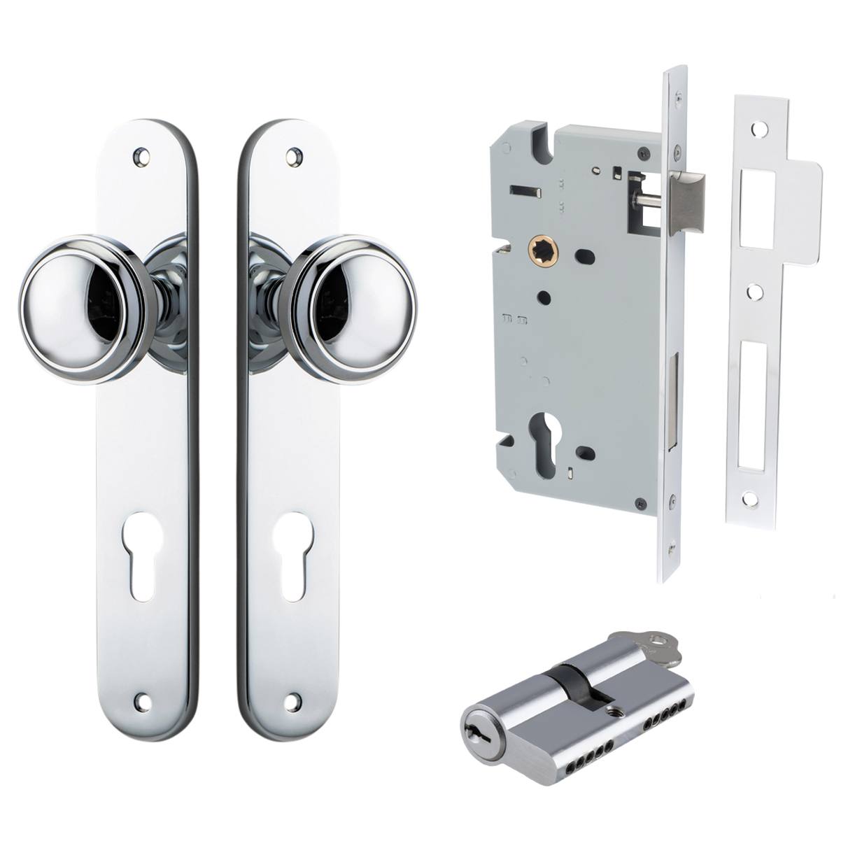Paddington Knob Oval Backplate Entrance Kit w High Security Lock Polished Chrome