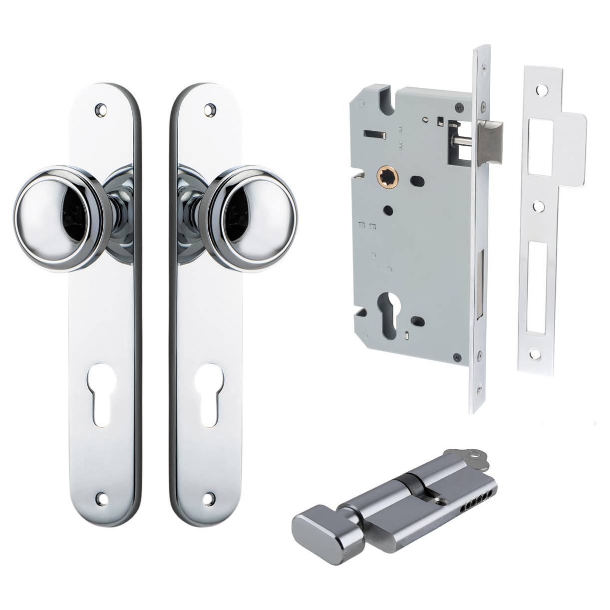 Paddington Knob Oval Backplate Entrance Kit w High Security Lock Polished Chrome