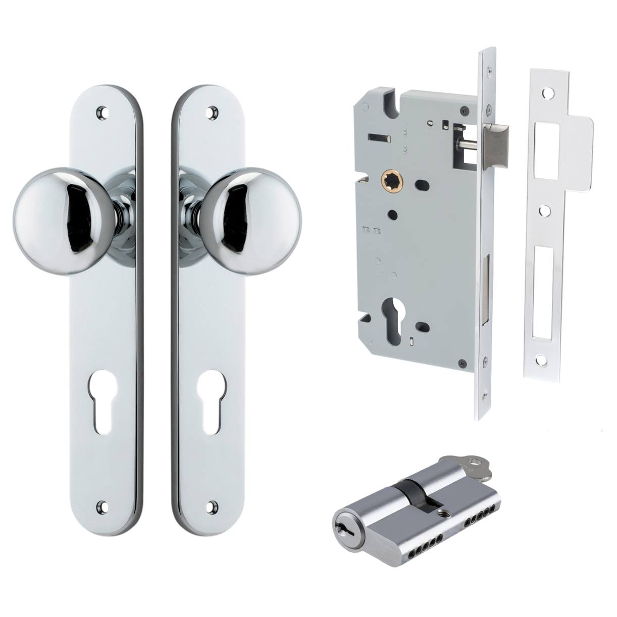 Cambridge Knob Oval Backplate Entrance Kit w High Security Lock Polished Chrome