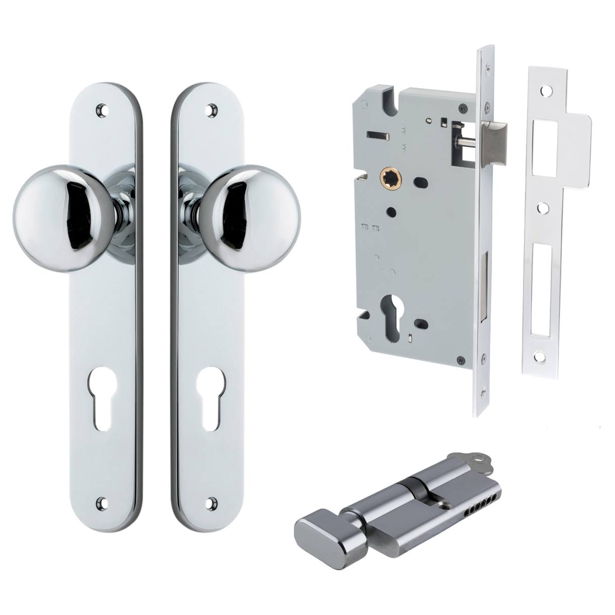Cambridge Knob Oval Backplate Entrance Kit w High Security Lock Polished Chrome
