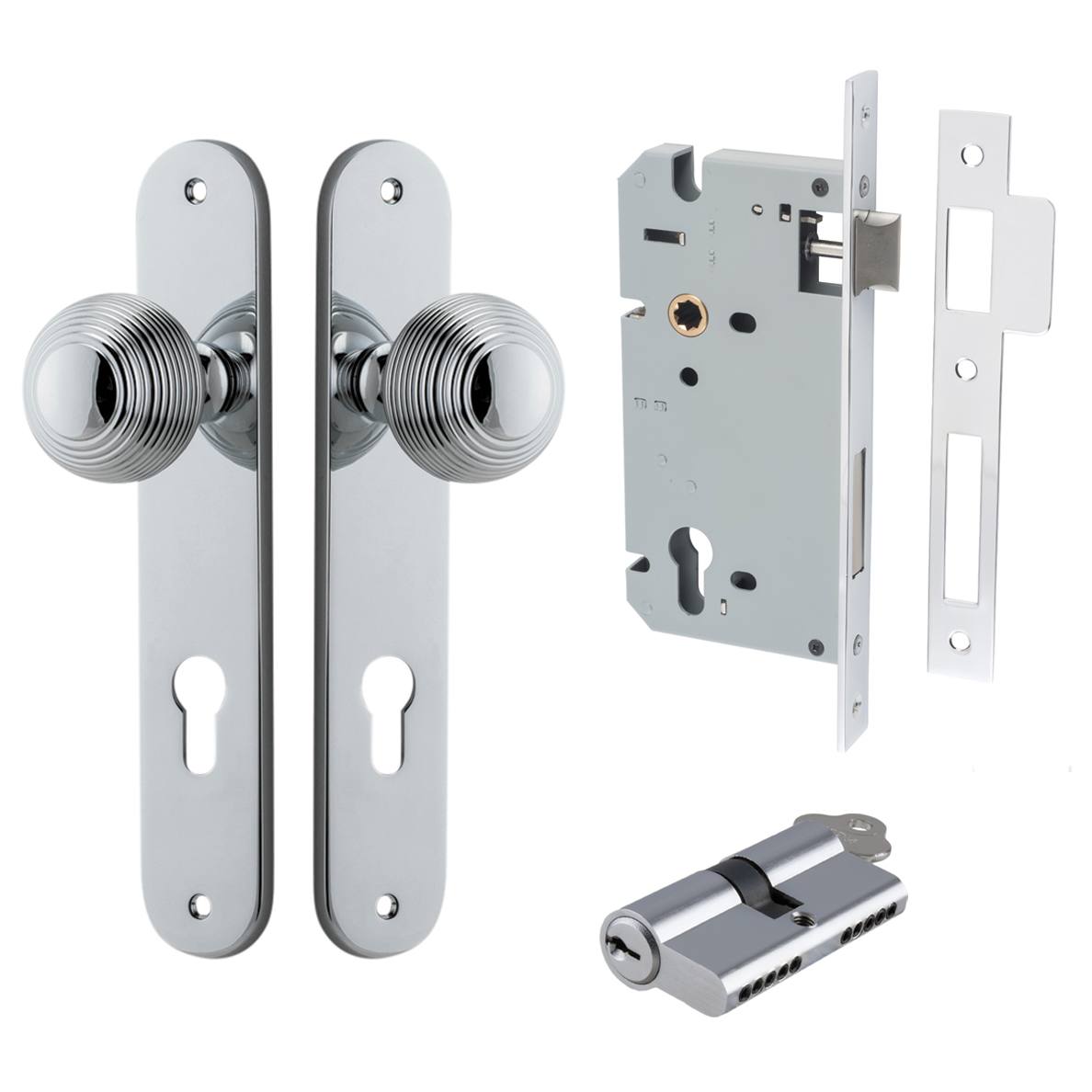 Guildford Knob Oval Backplate Entrance Kit w High Security Lock Polished Chrome