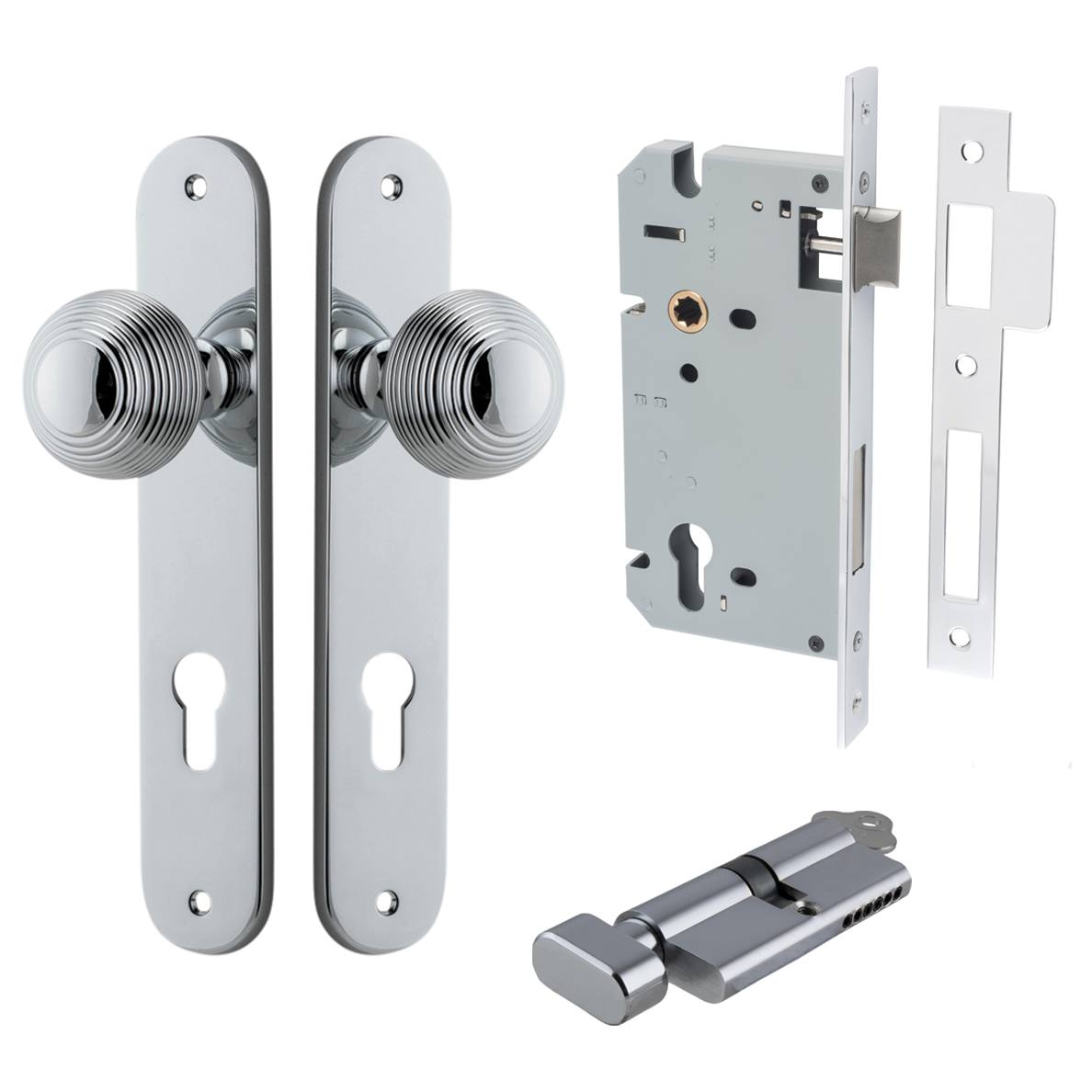 Guildford Knob Oval Backplate Entrance Kit w High Security Lock Polished Chrome