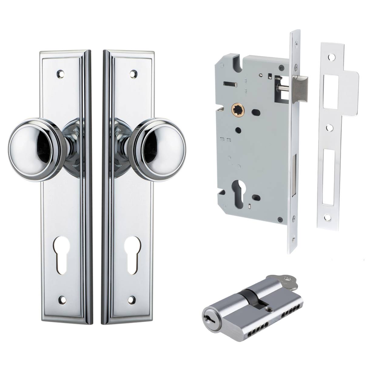 Paddington Knob Stepped Backplate Entrance Kit w High Security Lock Polished Chrome