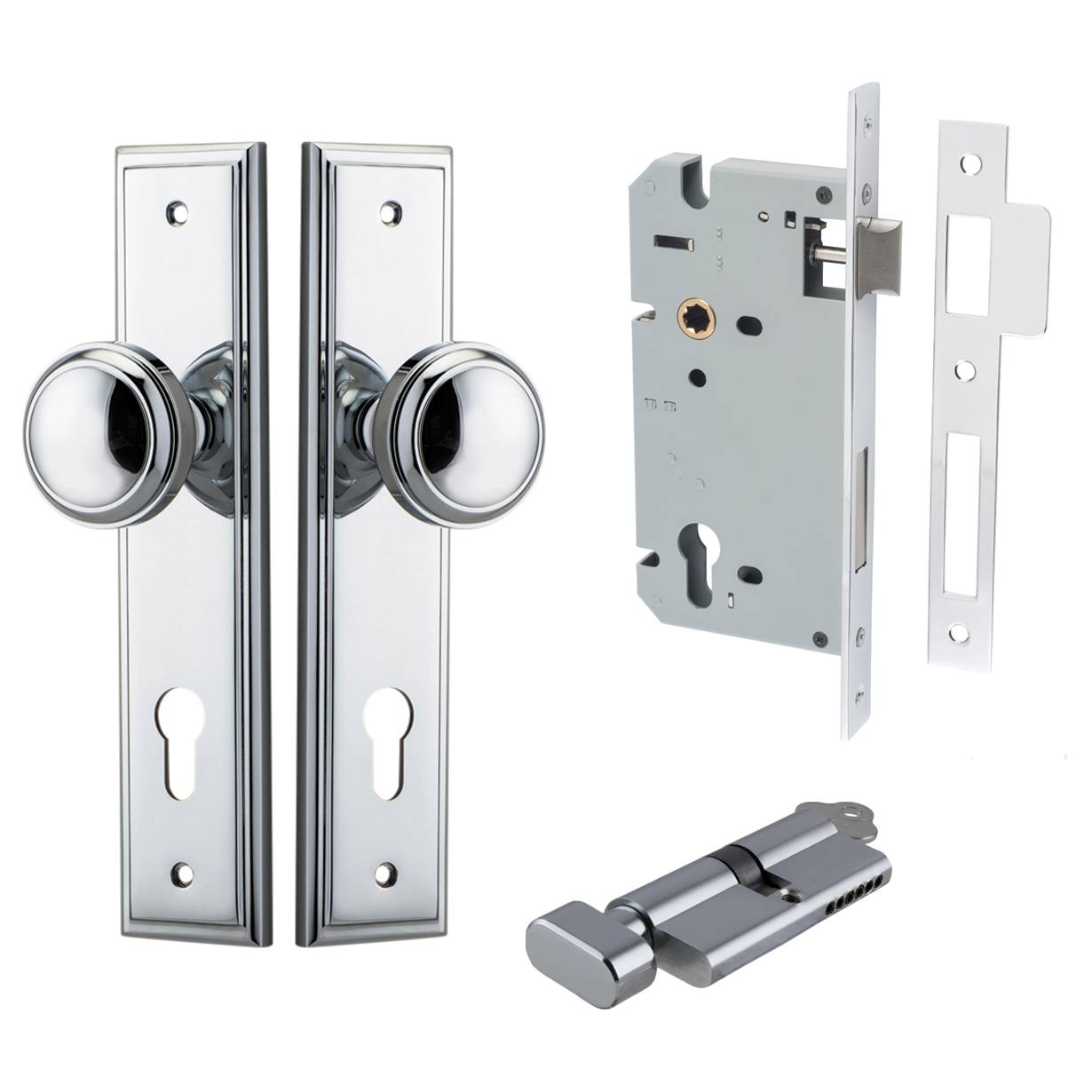 Paddington Knob Stepped Backplate Entrance Kit w High Security Lock Polished Chrome