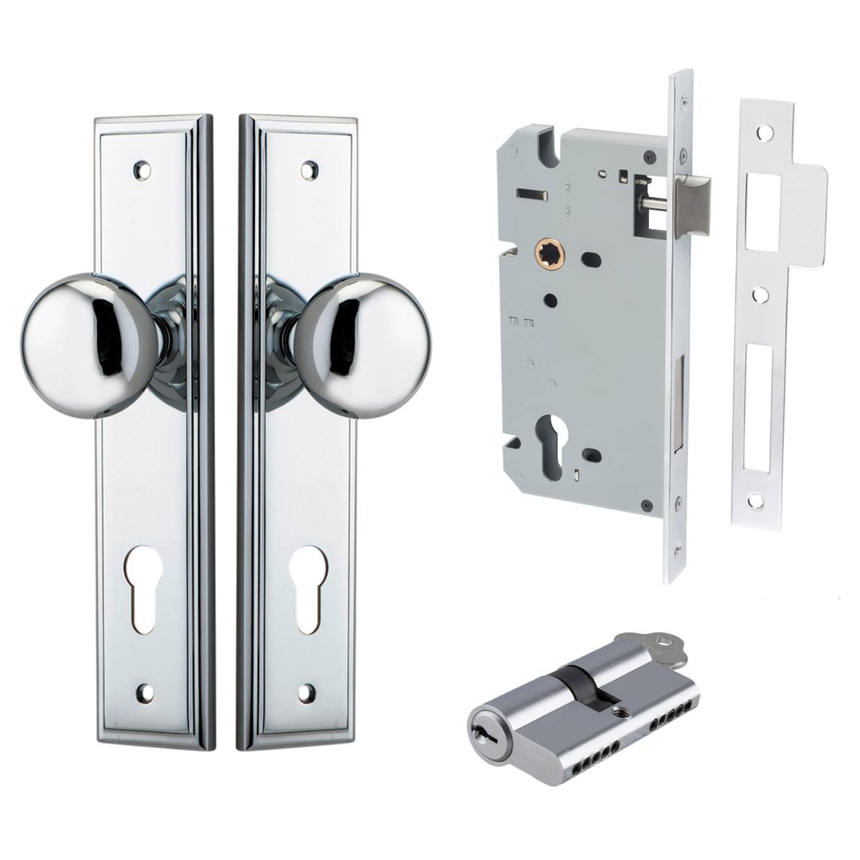 Cambridge Knob Stepped Backplate Entrance Kit w High Security Lock Polished Chrome