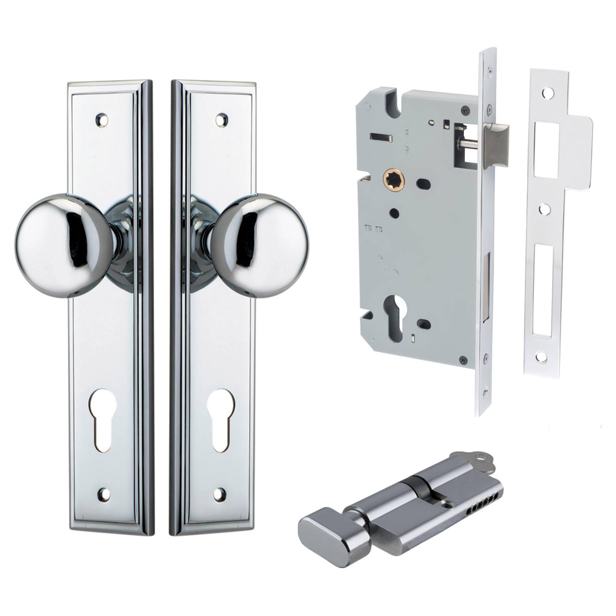 Cambridge Knob Stepped Backplate Entrance Kit w High Security Lock Polished Chrome