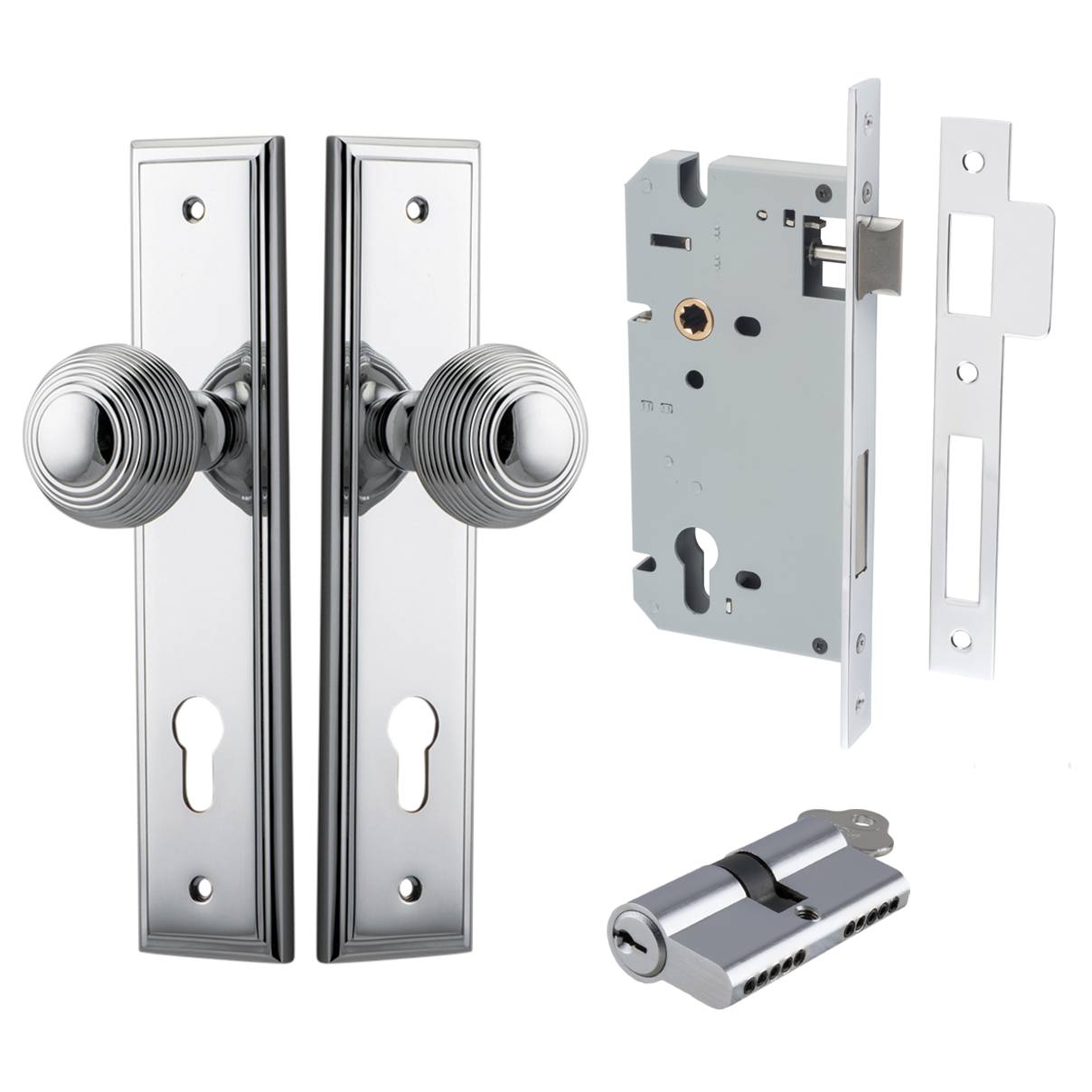 Guildford Knob Stepped Backplate Entrance Kit w High Security Lock Polished Chrome