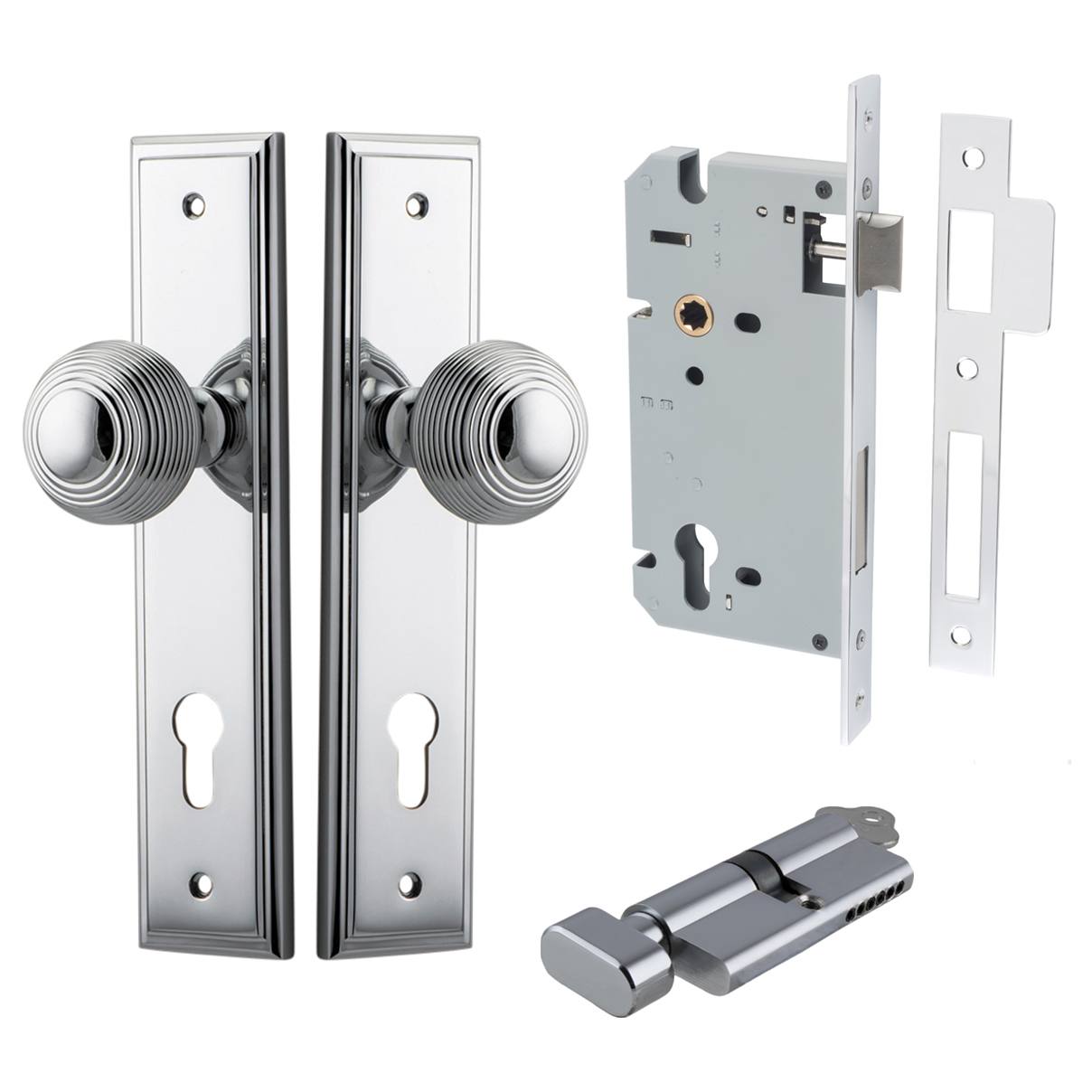 Guildford Knob Stepped Backplate Entrance Kit w High Security Lock Polished Chrome