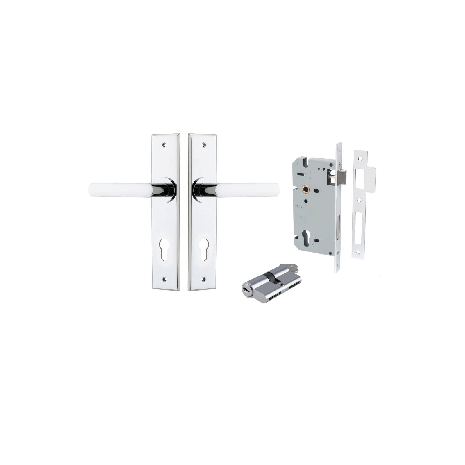 Osaka Lever Chamfered Backplate Entrance Kit w High Security Lock Polished Chrome