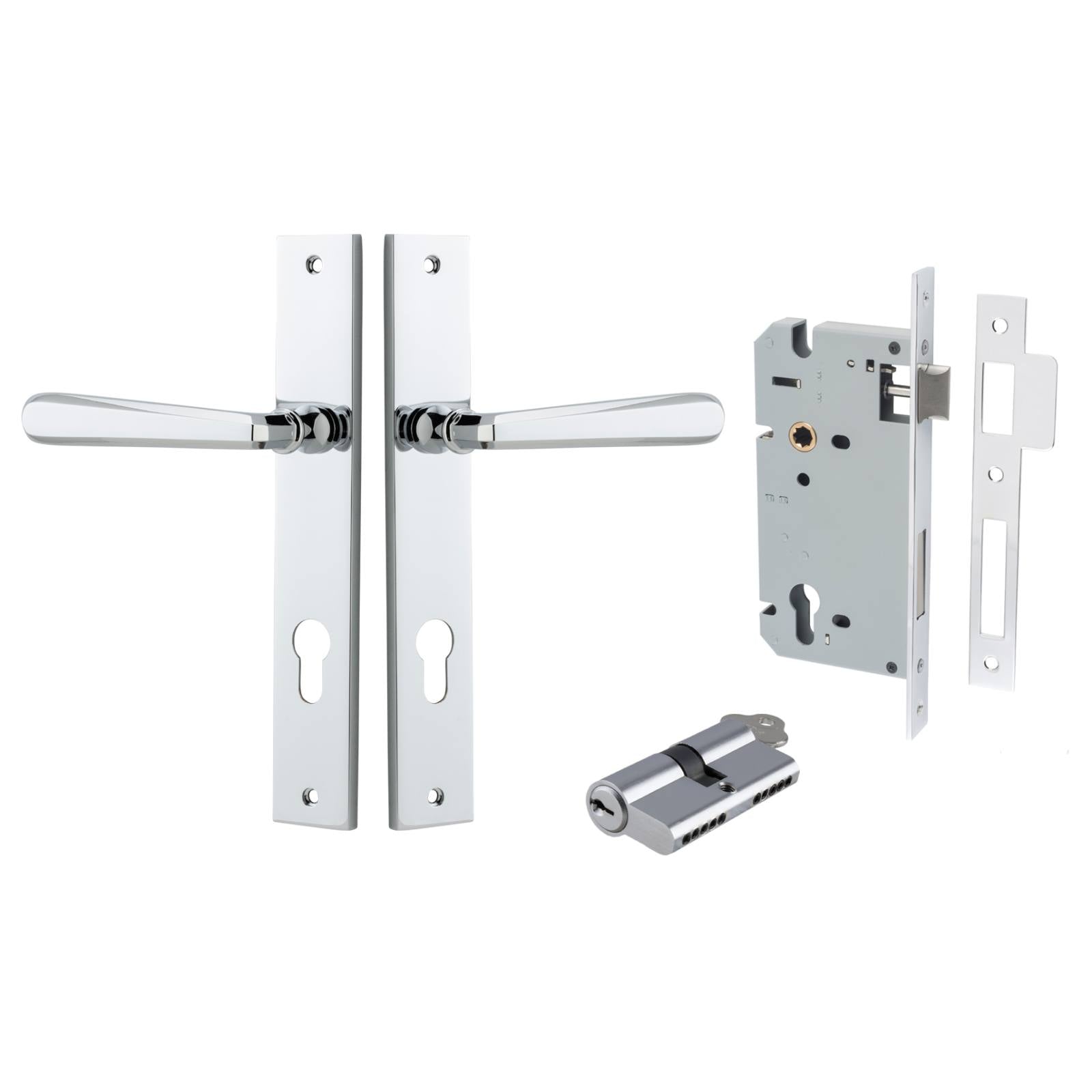 Copenhagen Lever Rectangular Backplate Entrance Kit w High Security Lock Polished Chrome