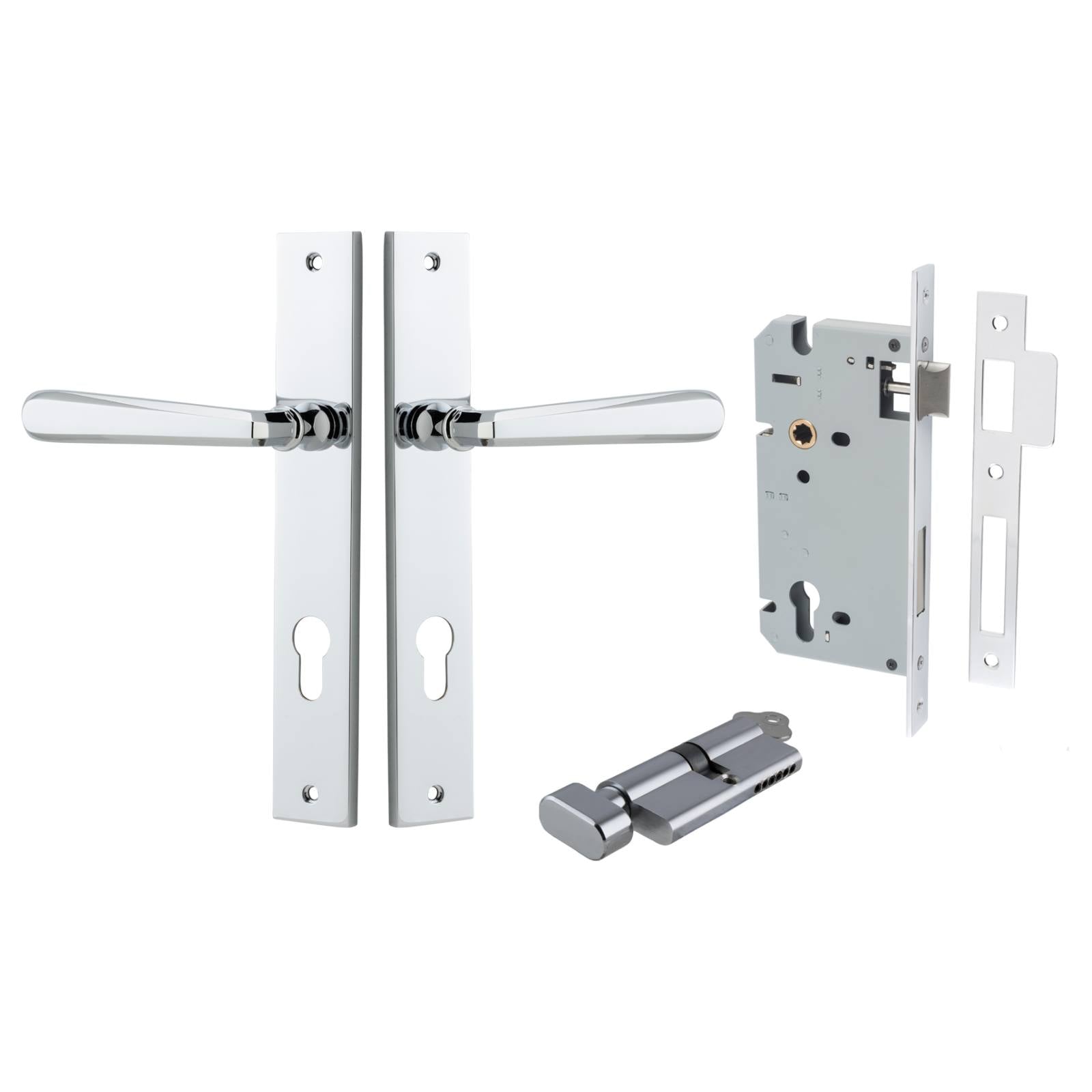 Copenhagen Lever Rectangular Backplate Entrance Kit w High Security Lock Polished Chrome