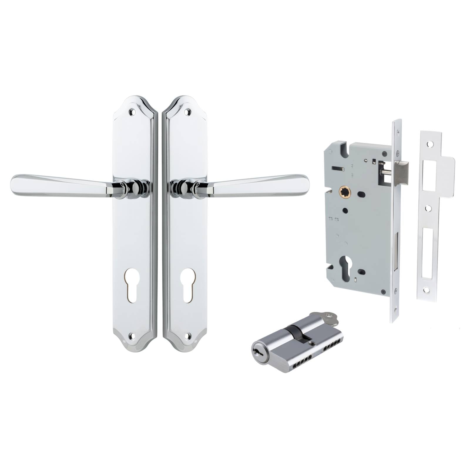 Copenhagen Lever Shouldered Backplate Entrance Kit w High Security Lock Polished Chrome